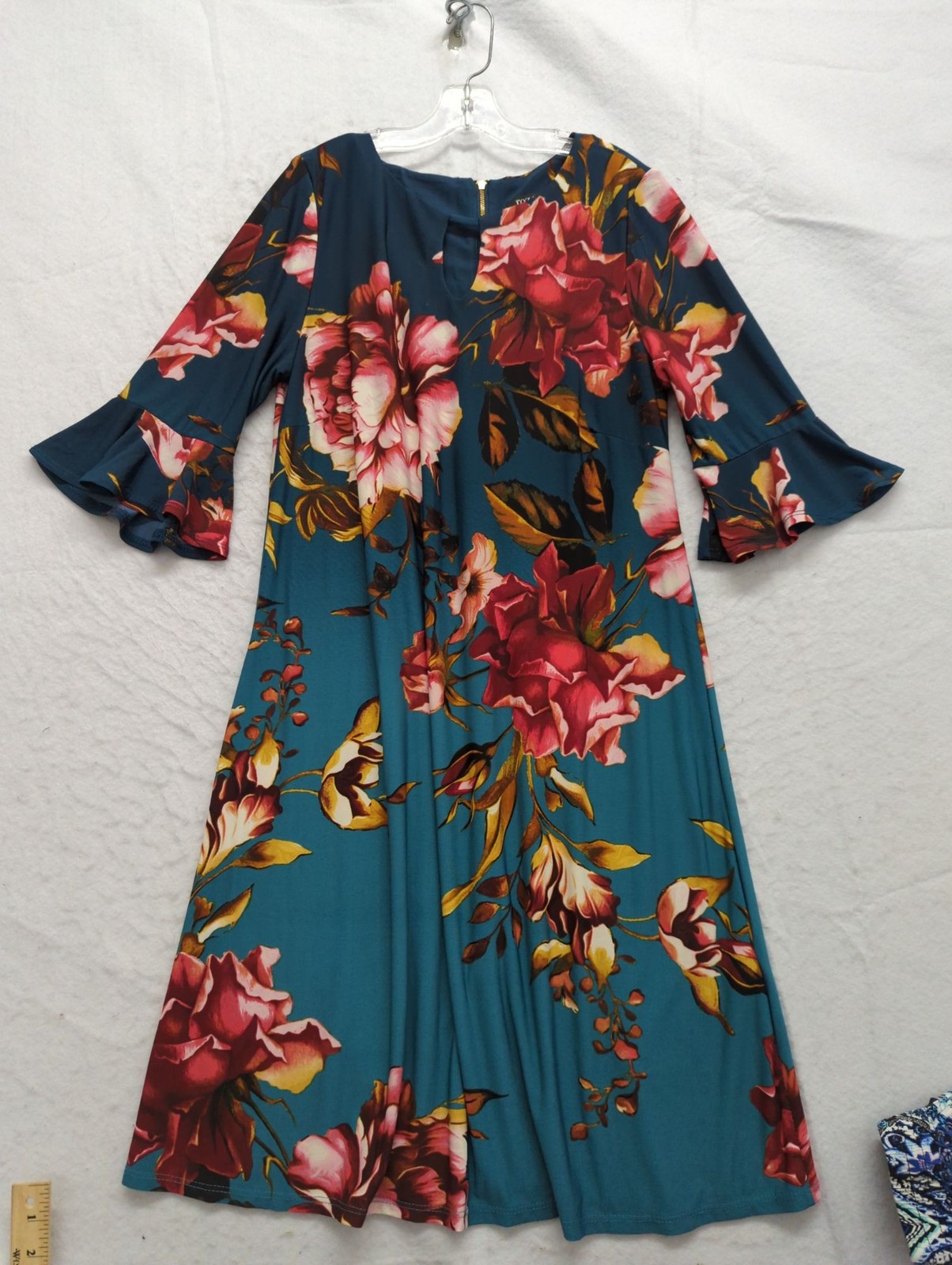 Roz & Ali Teal Floral Print Bell Sleeve Dress With Back Zipper Closure Size M