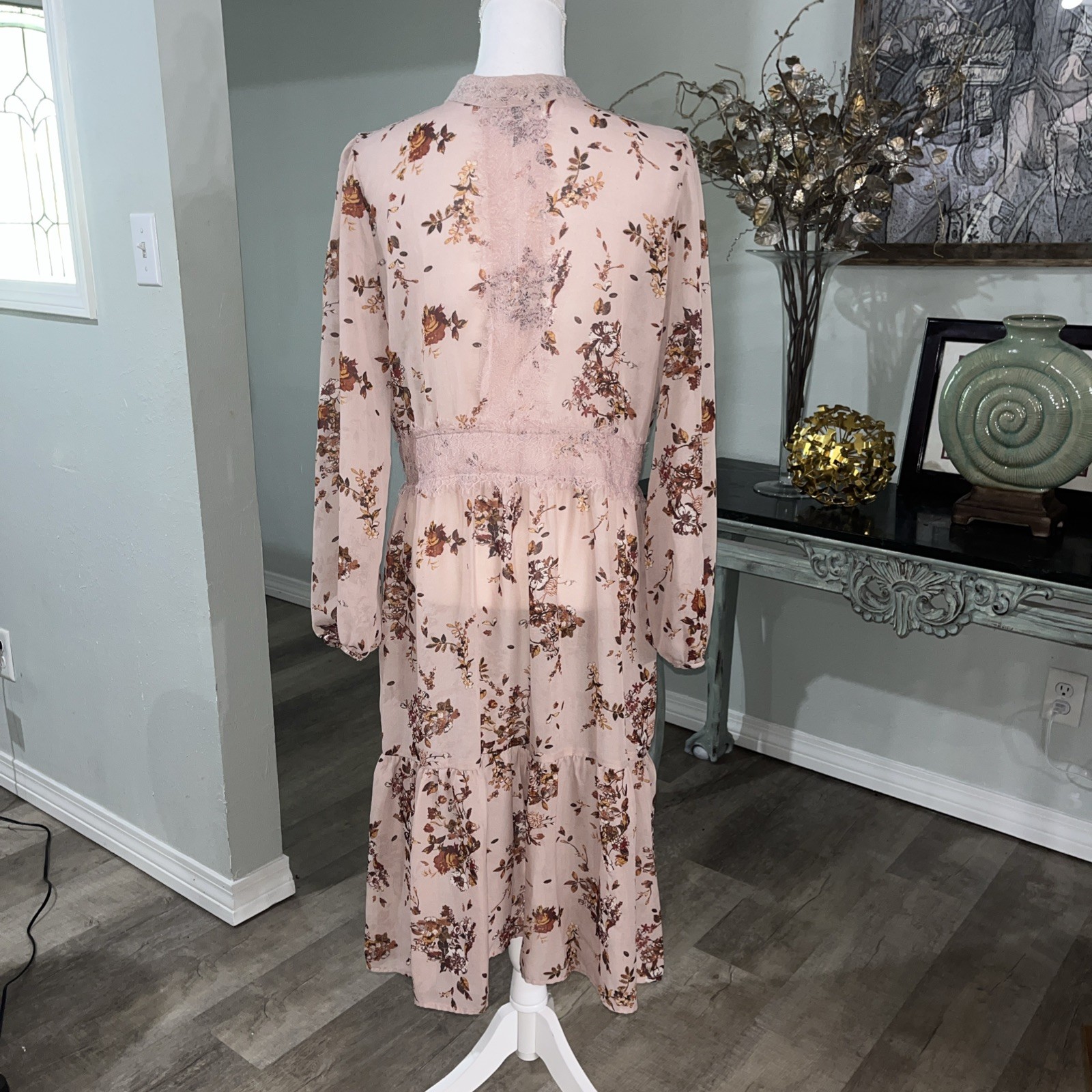 Bohemian Pink Floral Sheer Illusion Overlay Dress Cottage Core High Neck Sz L