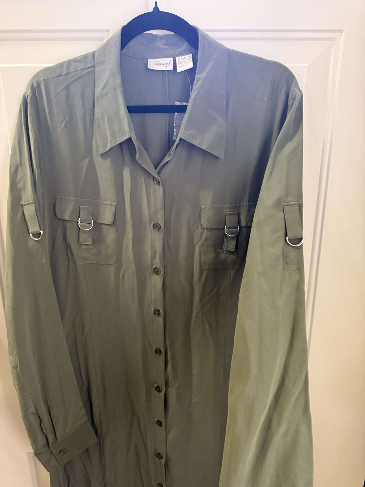 Spiegel Green Silk Solid Collared Button-Front Shirt Dress Long Sleeve Midi 16