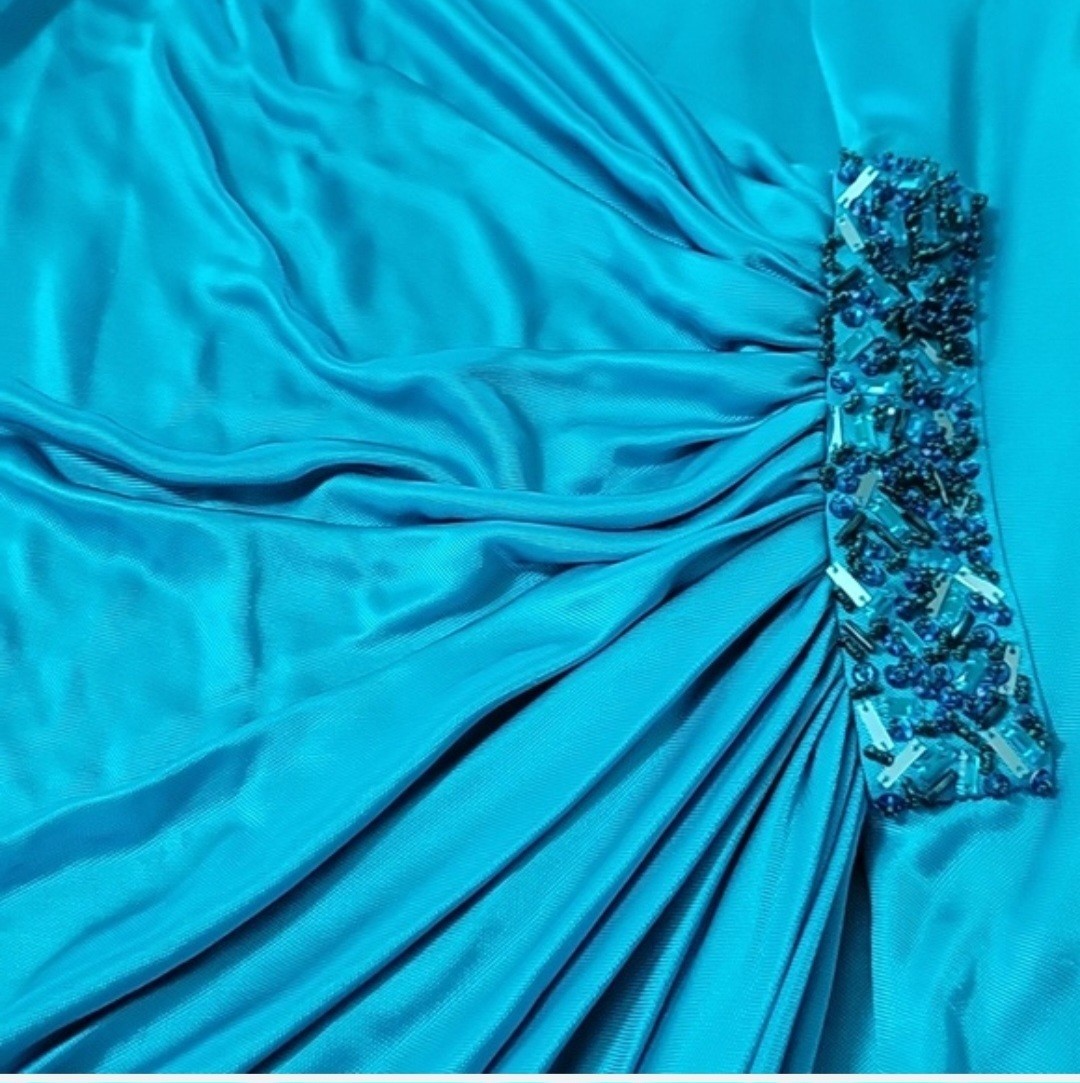 Versace Blue Silk Satin Draped Ruched Beaded Cowl Neck Dress Long small