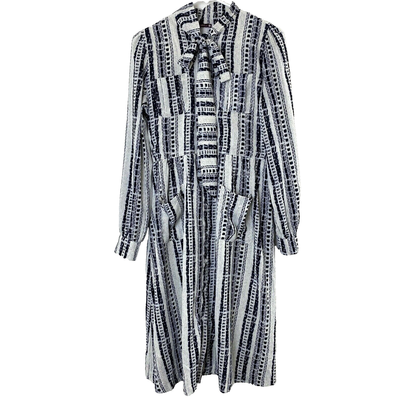 Udel Womens Long Sleeve Midi Dress Small Black White Ties at Neck Lined Pockets