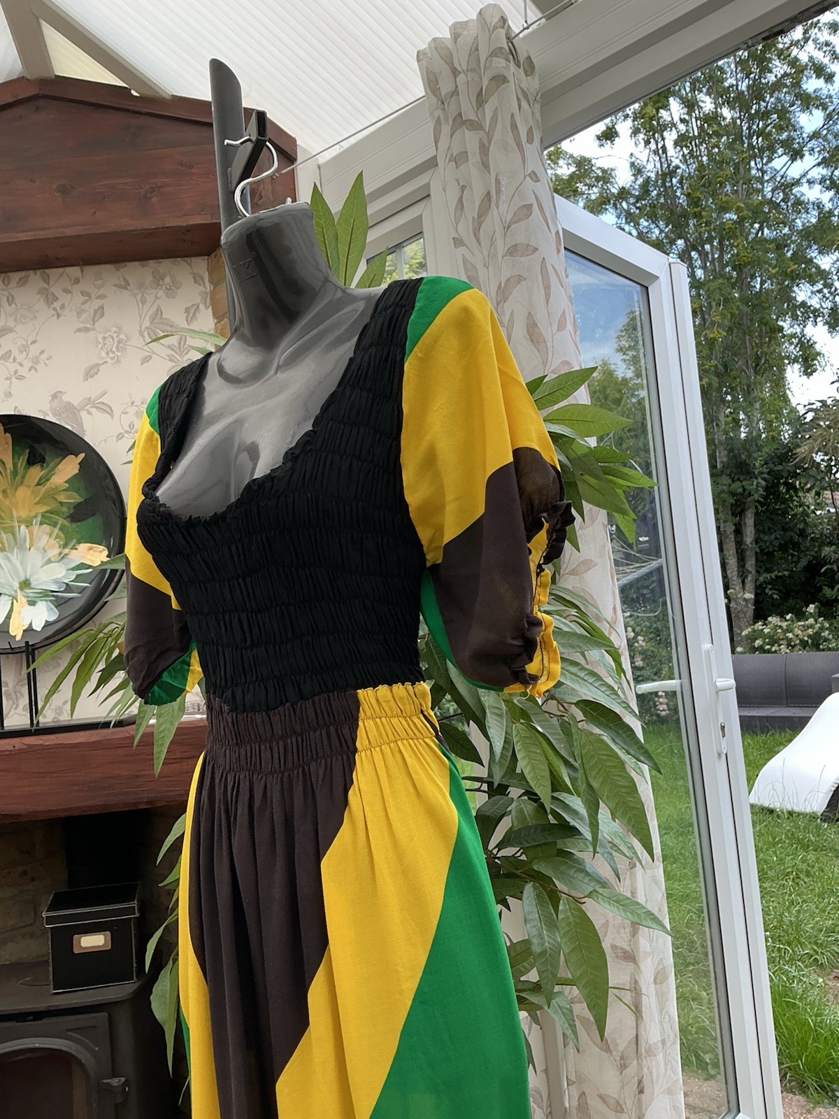 NEW ARRIVAL….HANDMADE…JAMAICAN FLAG COLOUR PRINT, LONG DRESS…Size 14-16