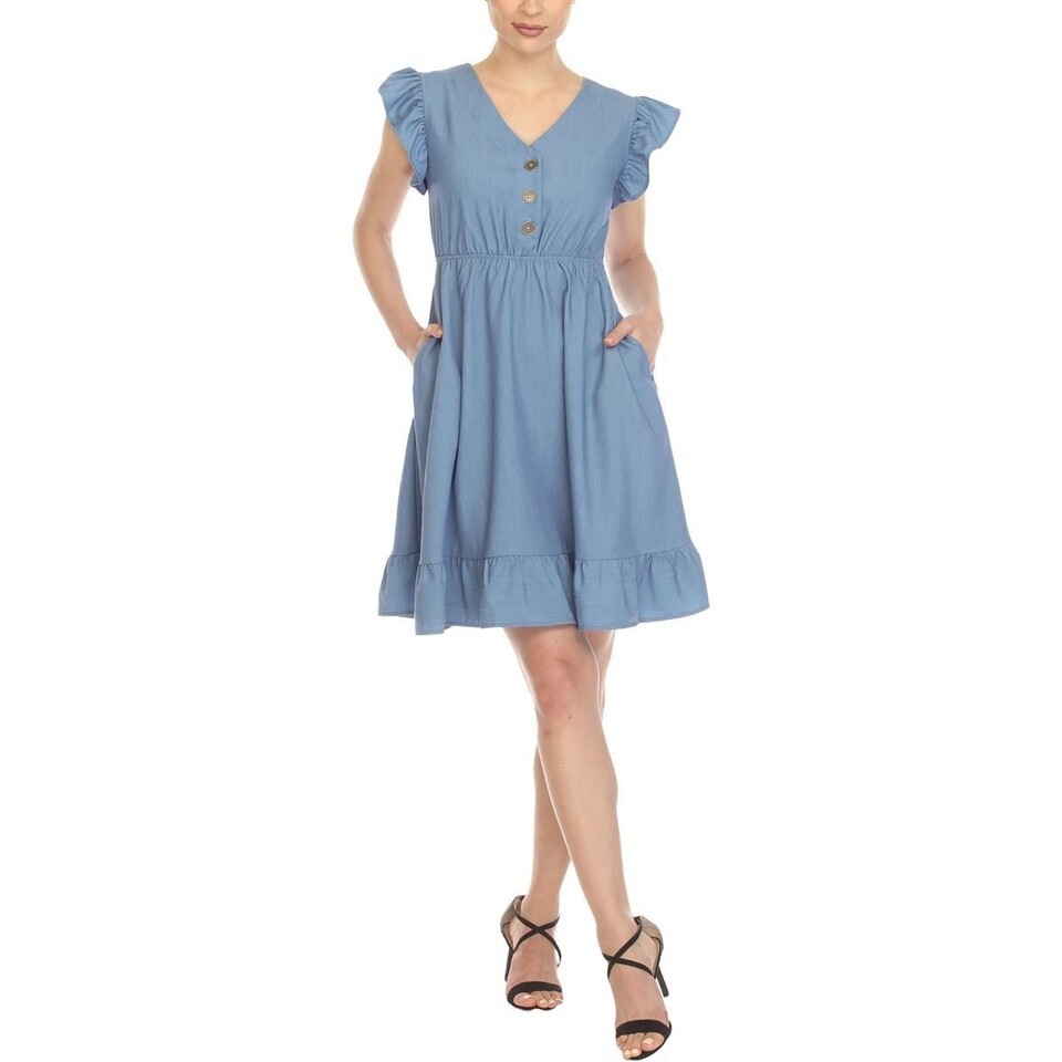 White Mark Women’s Ruffle Sleeve Knee-Length Dress – Blue, sz Large