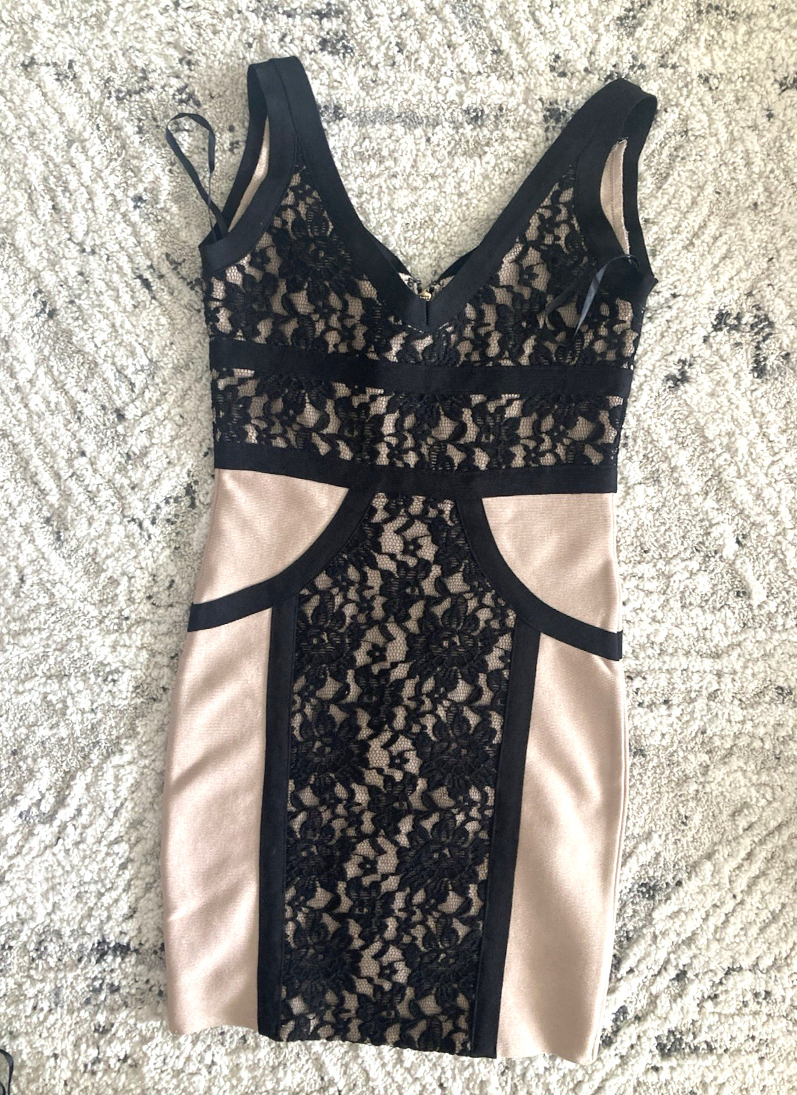 NEW bebe black beige Floral lace straps zipper bandage top dress S Small sexy