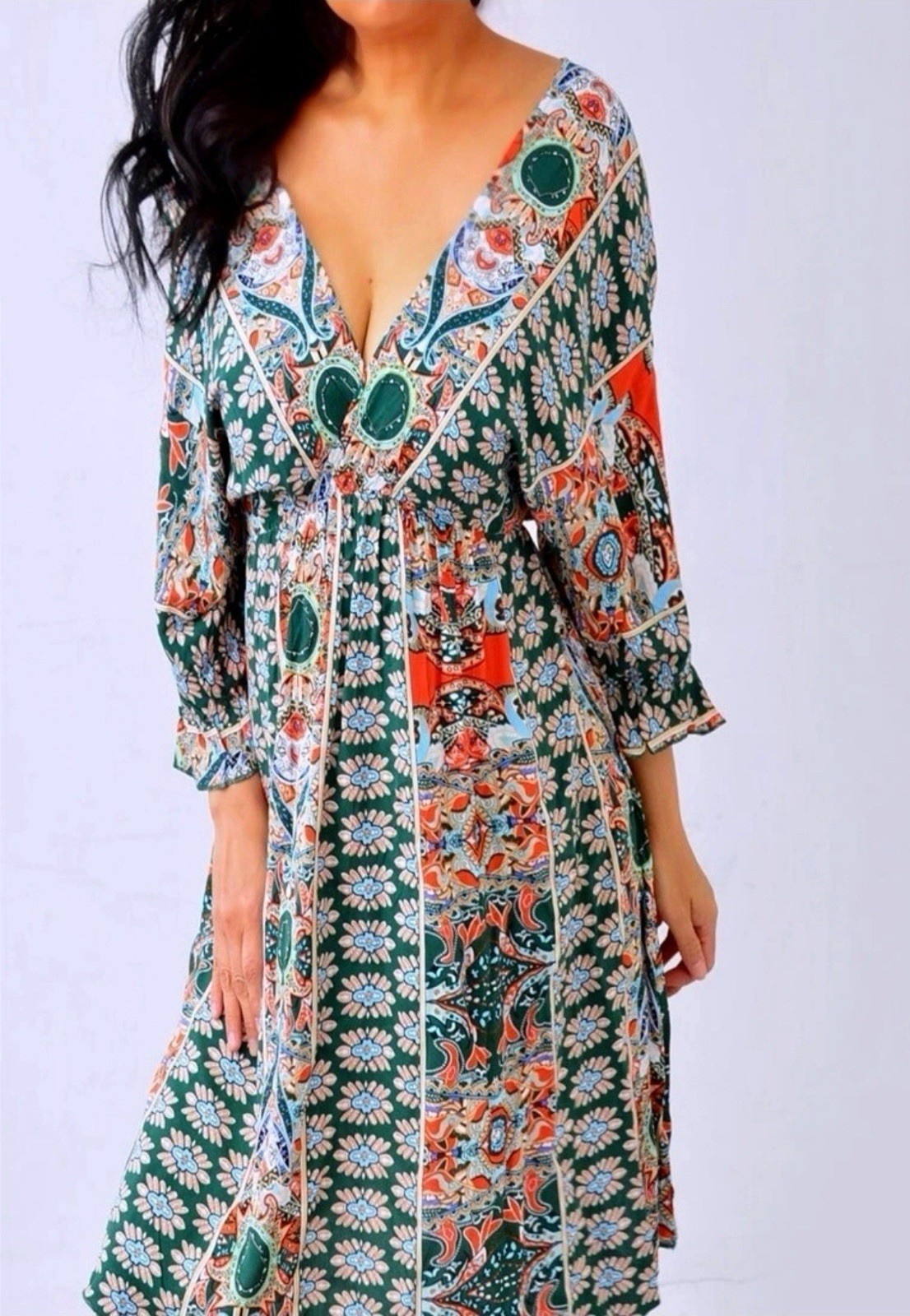 Green Orange Blue Kimono Paisley V Neck Empire Dress Size L Large