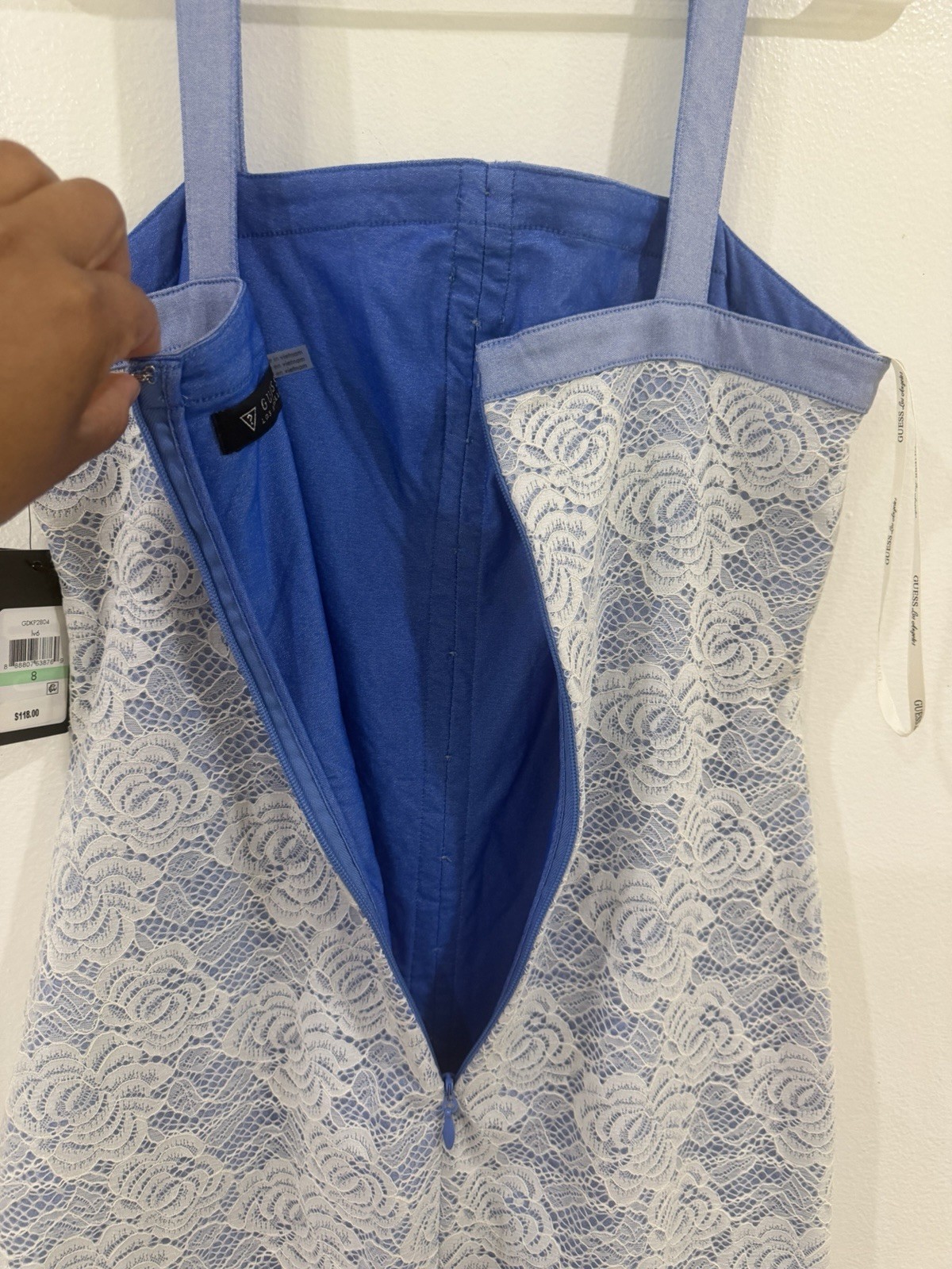 GUESS Blue & White Floral Lace Sheath Dress Square Neck Spaghetti Straps 8