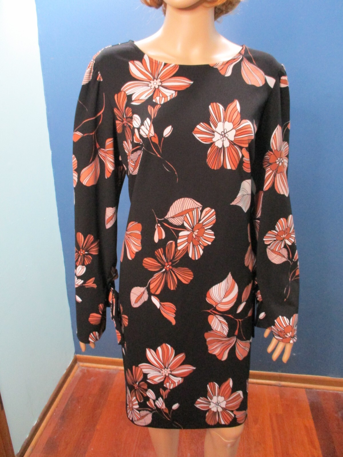 size 14 black and rust floral zip up knit sheath retro mod dress by NINE WEST
