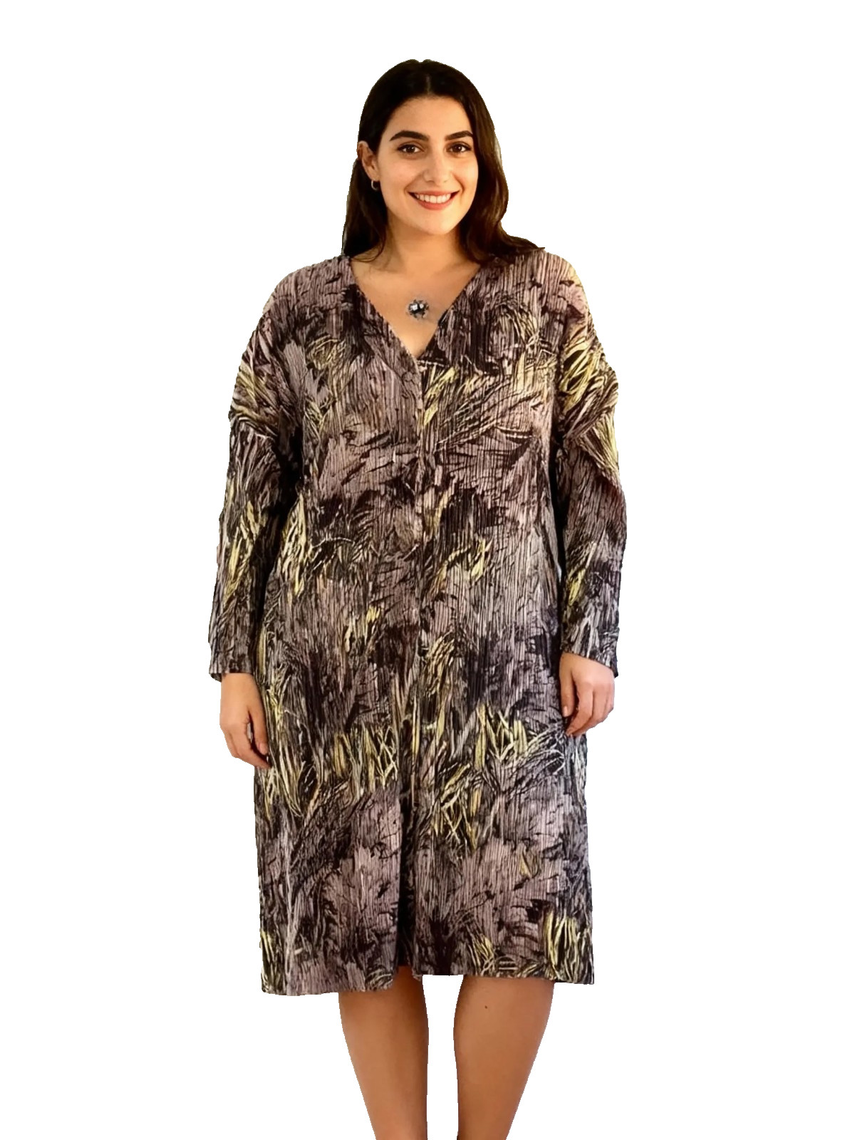 SHIRT DRESS BITTE KAI RAND Plissé in Gray -Yellow Print L Denmark NWT