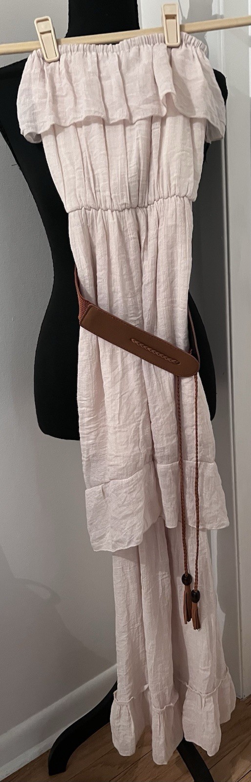 Love Culture Strapless hi-low Dress Beige Sz S Tan Belt, Lined, Festival, Boho