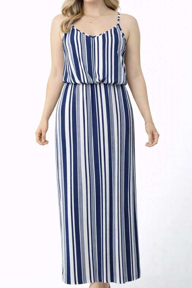 Derek Heart L Blue White Stripe Maxi Dress Elastic Waist Slit Nautical Chic