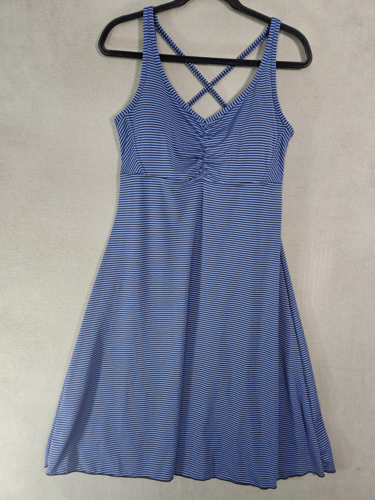 Prana Dress Size XL Cross Straps Blue Stripe Fit Flare Shelf Bra Stretch Golf
