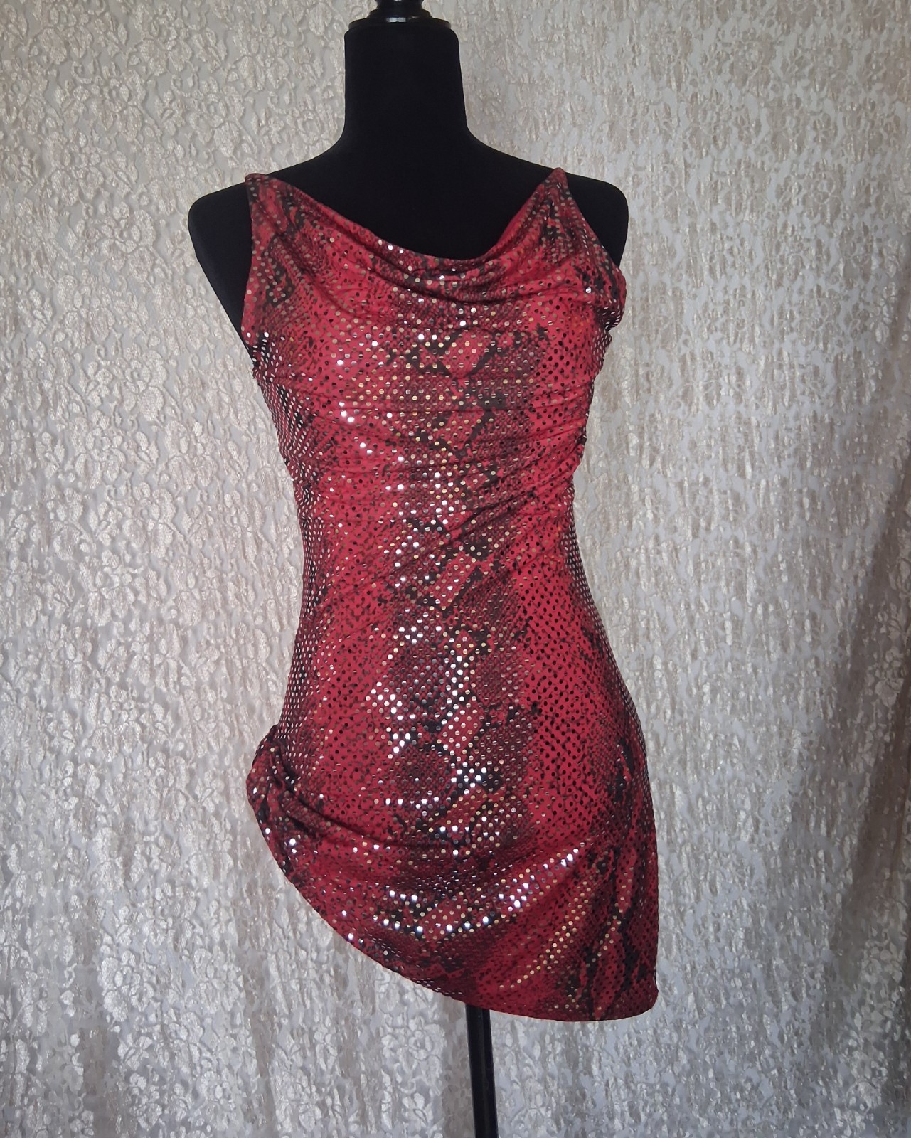 Vintage 90s Red Snakeskin Print Sequin Mini Dress Size Small