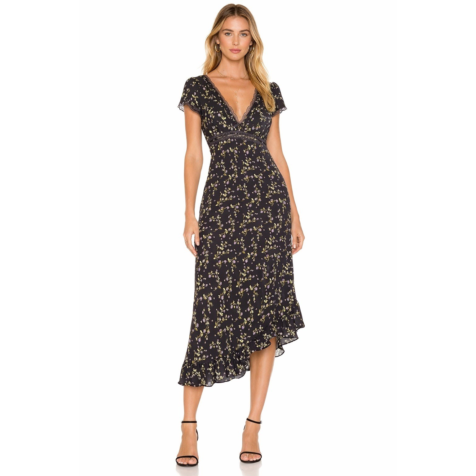 Kimchi Blue Dress Womens M Black Floral Lace Asymmetrical Ruffle Midi