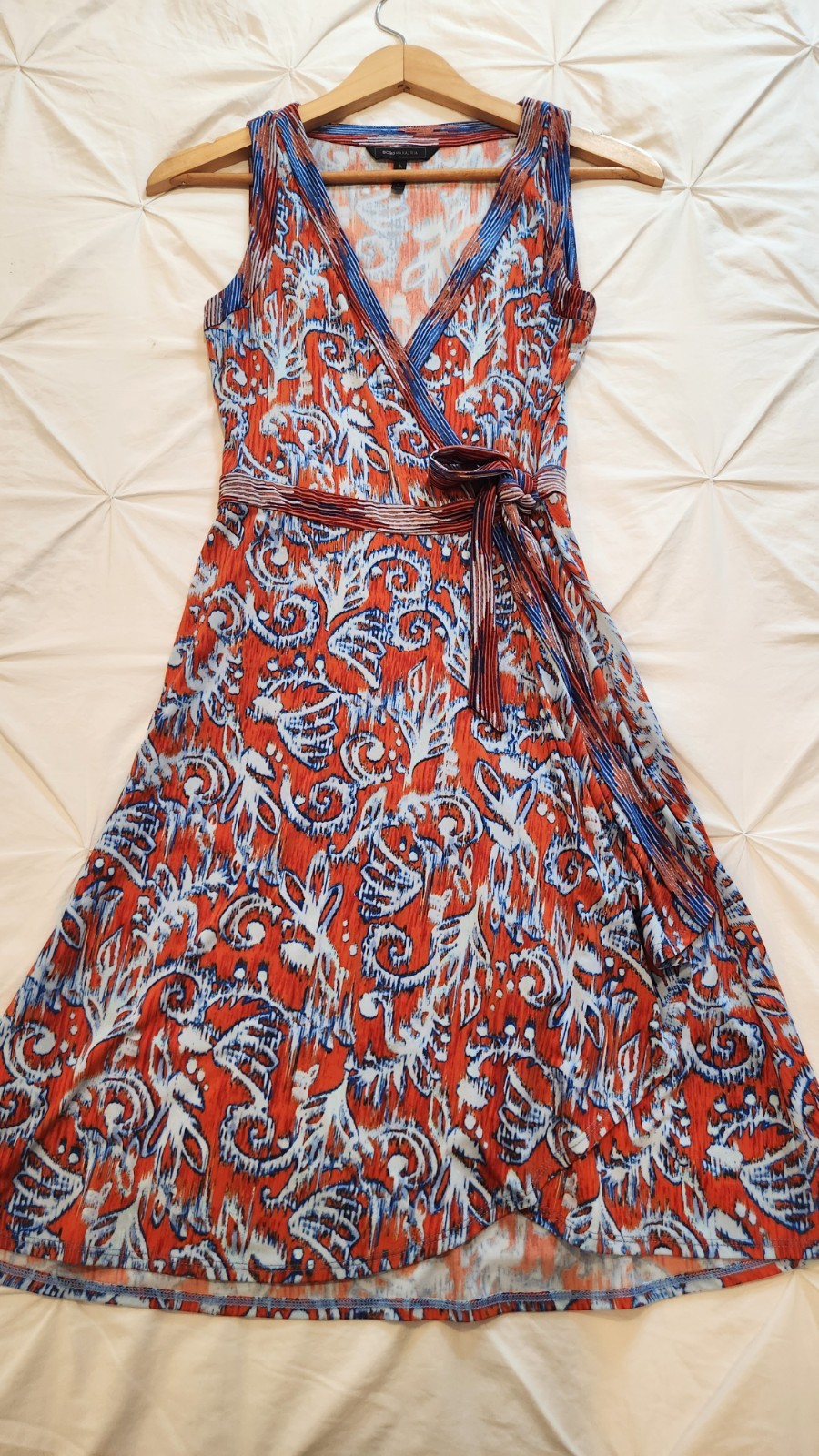 BCBGMAXAZRIA Orange Blue Ikat Print Hallee V-Neck Wrap Tie Dress Size XS