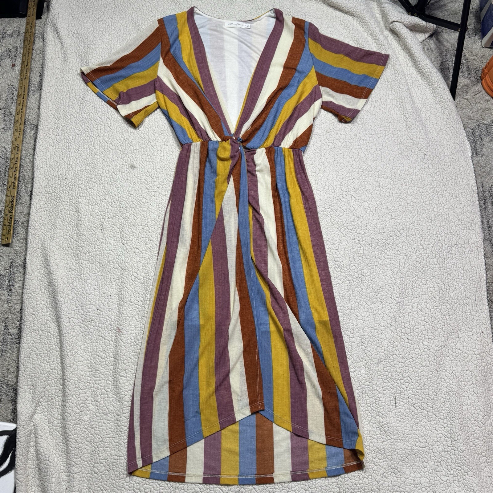 All In Favor Dress Womens Large Rainbow Striped Midi Front Wrap A-Line Deep V