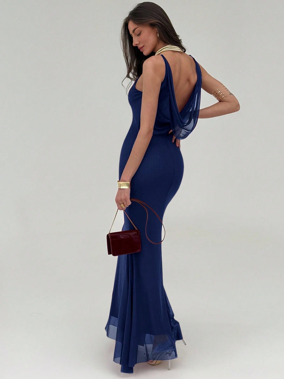 Women Elegant Pleated Plunging V Neck Maxi Dress