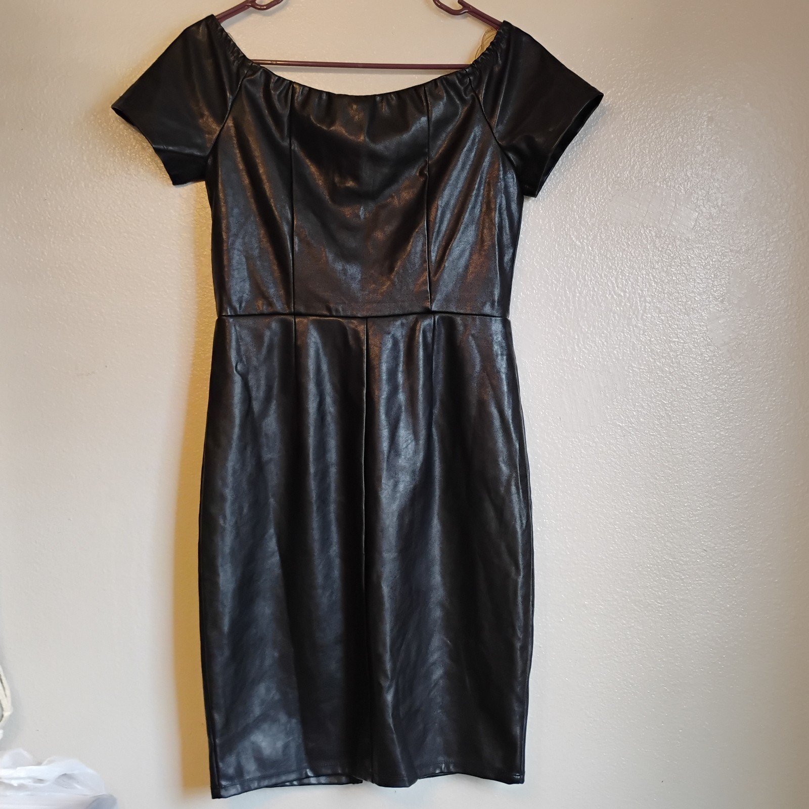 Haute Monde Black Faux Leather Zip Front Bodycon Midi Dress Size L NWT