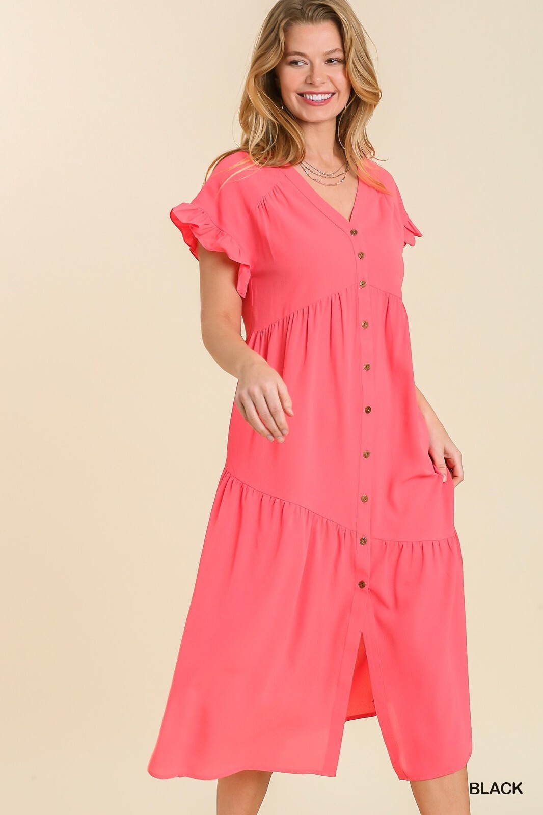 Umgee Coral Pink V-Neck Diagonal Tiered Long Button Up Dress with Ruffle Trim