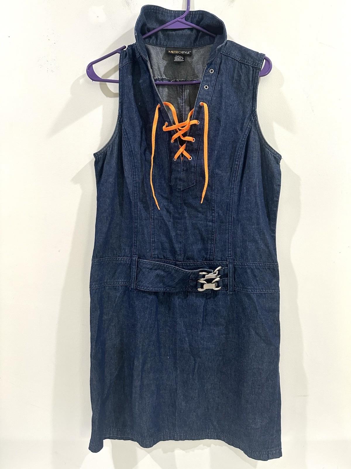 Metrostyle Denim Shirt Dress Size 12 Women’s Sleeveless Blue Cotton Lace- Large