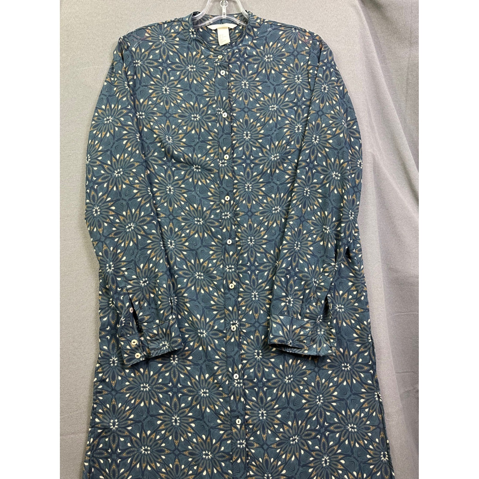 H&M Green Floral Sunburst Print Button Down Shirt Dress Band Collar Size 6