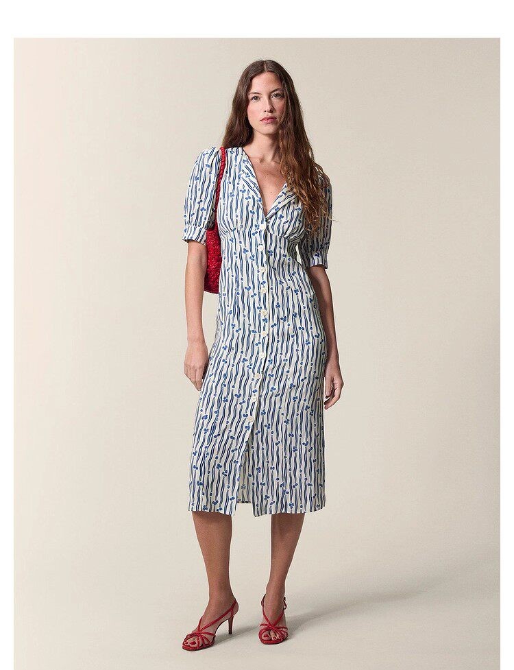 Rouje 2026SS Striped Floral Lapel Collar Puff Sleeve Button Front Midi Dress
