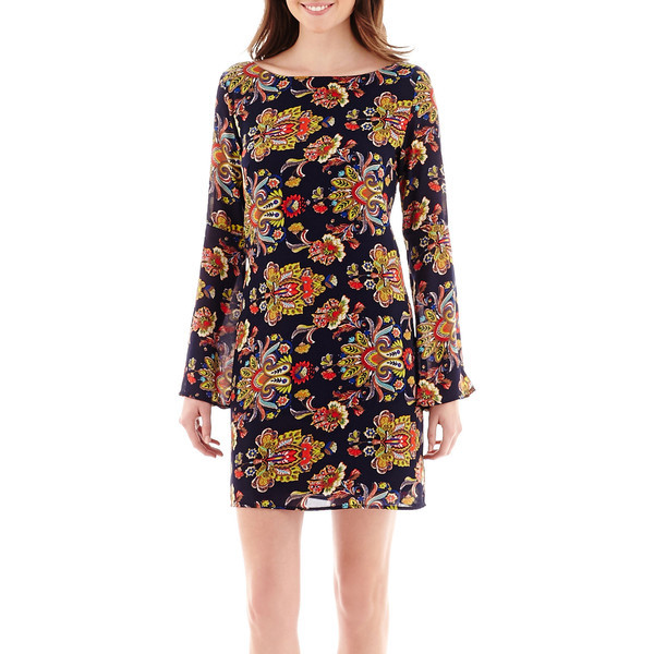 Renn Bell-Sleeve Navy Print Shift Dress By Rene Rofe Size S New Msrp $70.00