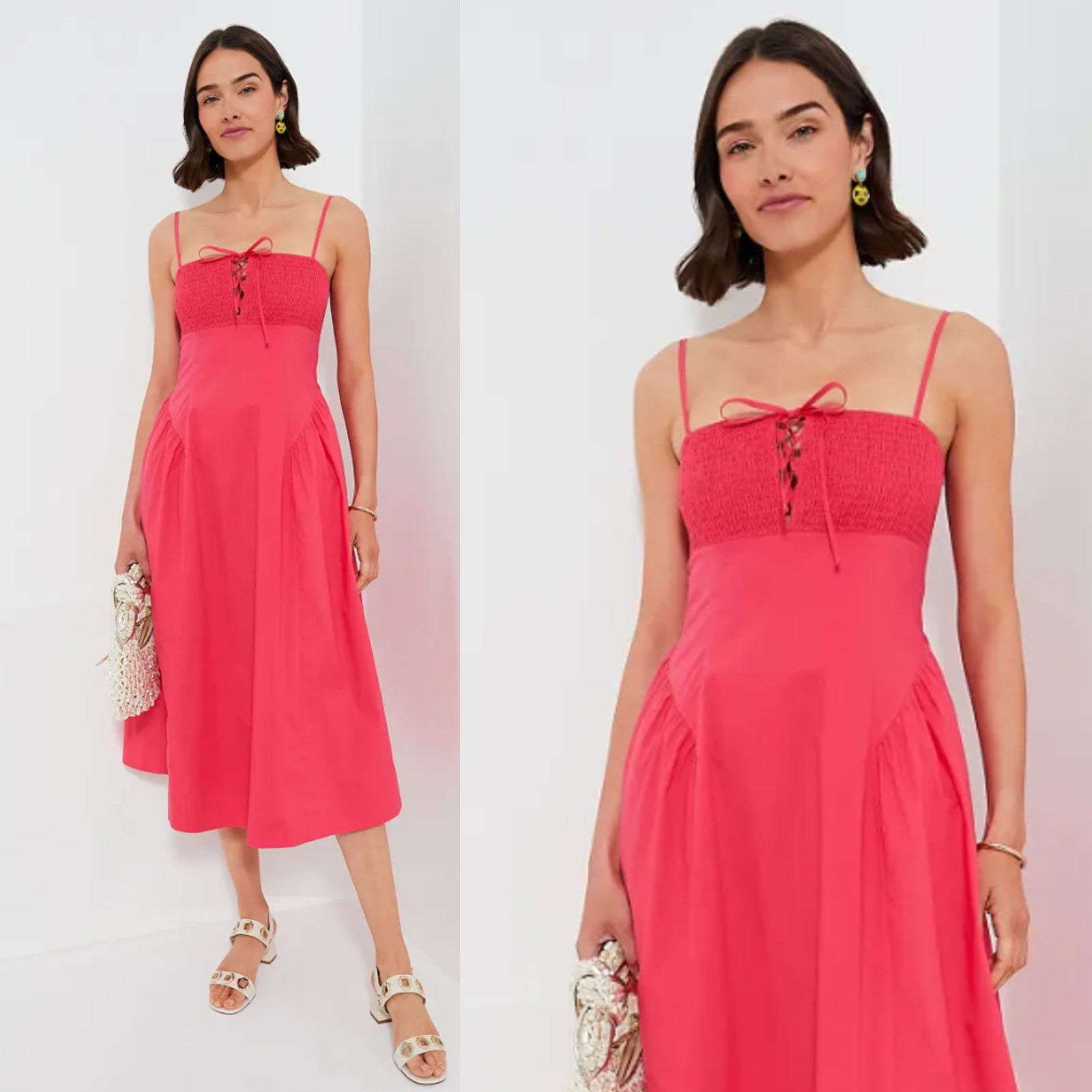 Hyacinth House NEW Pink Serafina Drop Waist Smocked Cotton Midi Dress Size S