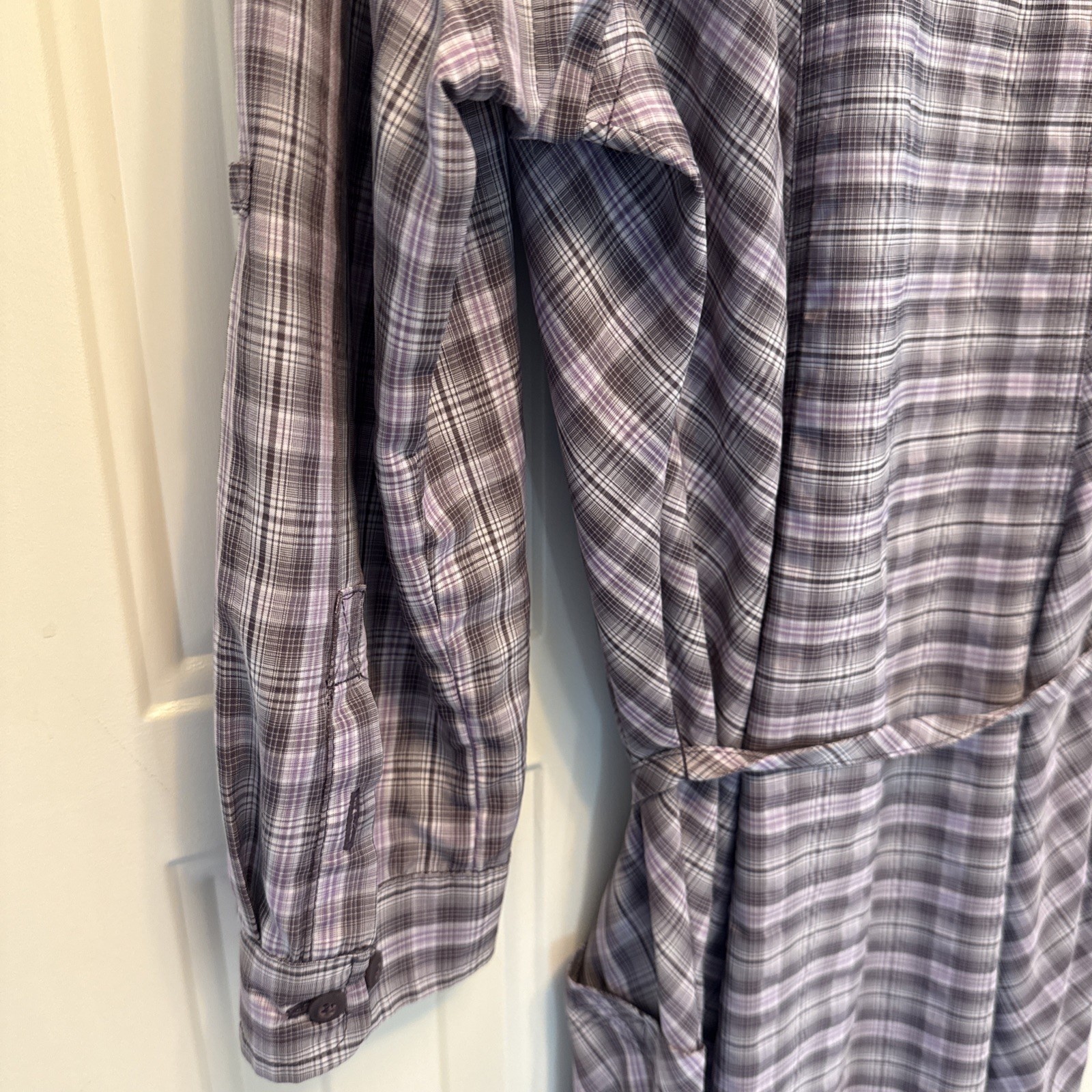 Duluth Purple Plaid Button-Down Shirt Dress Tie Pockets Size M polyester nylon