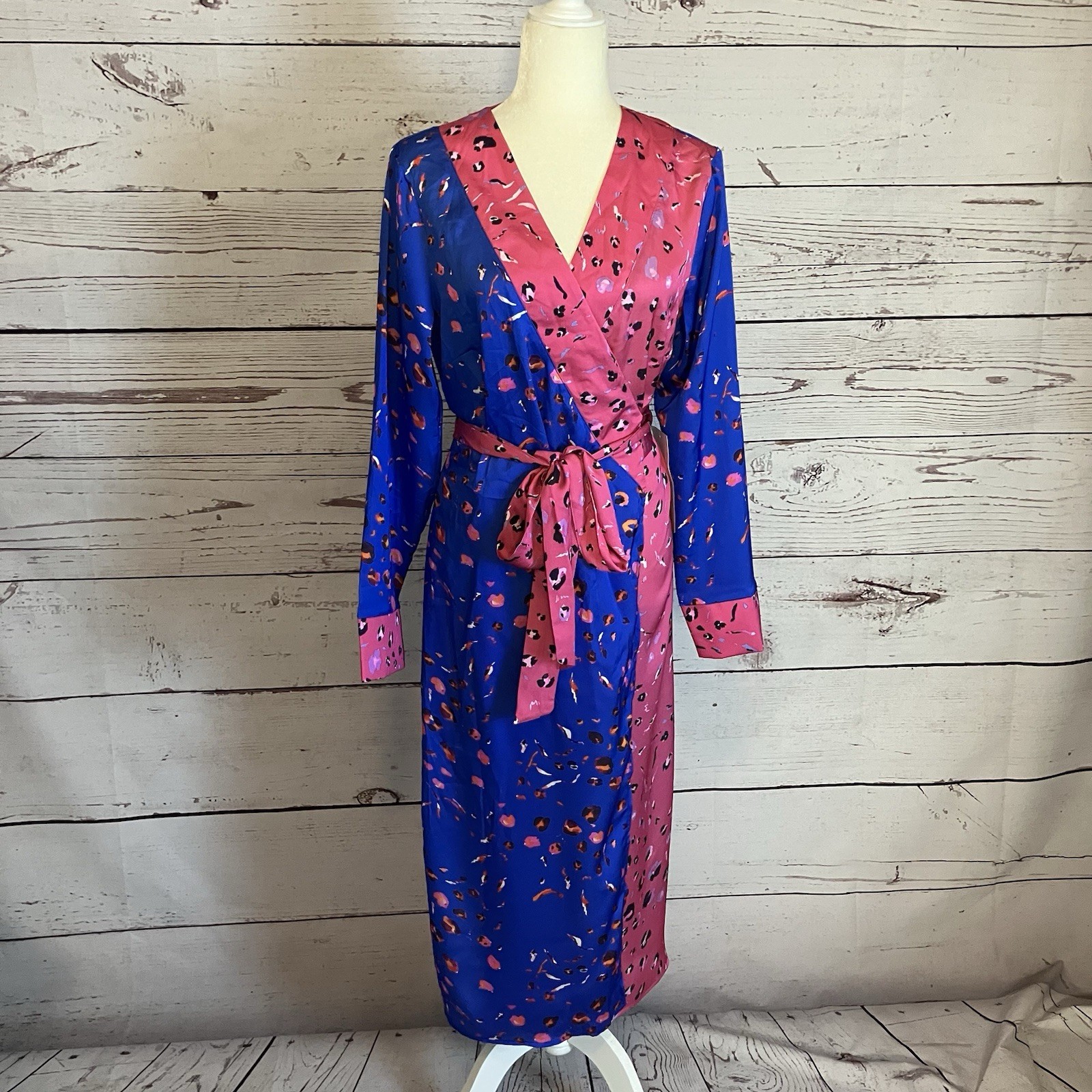 Never Fully Dressed Wrap Dress Womens Sz L Palamo Spliced Contrast Leopard Multi