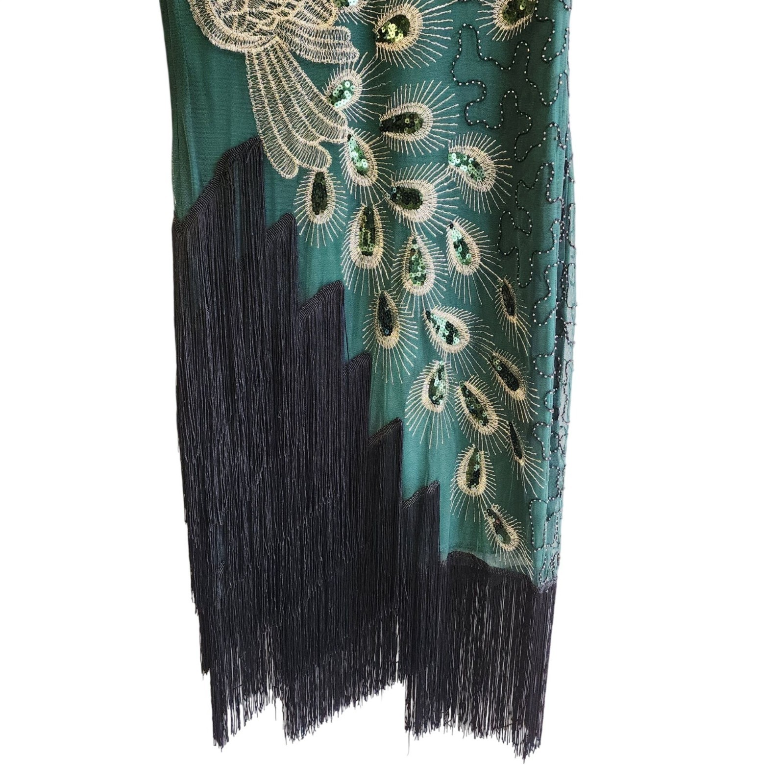Art Deco Peacock Beaded Fringe Flapper Dress V-Neck Size S Teal Black