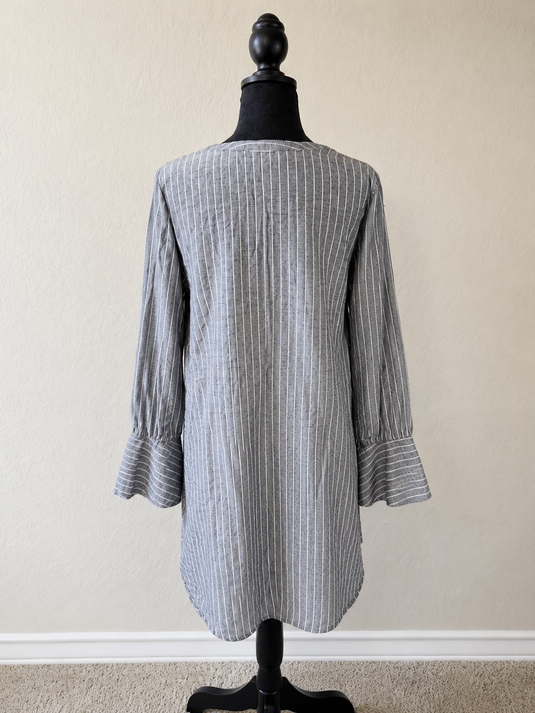 Gray Striped Tunic Top Large Bell Sleeve Button Front Boho Cotton Blend