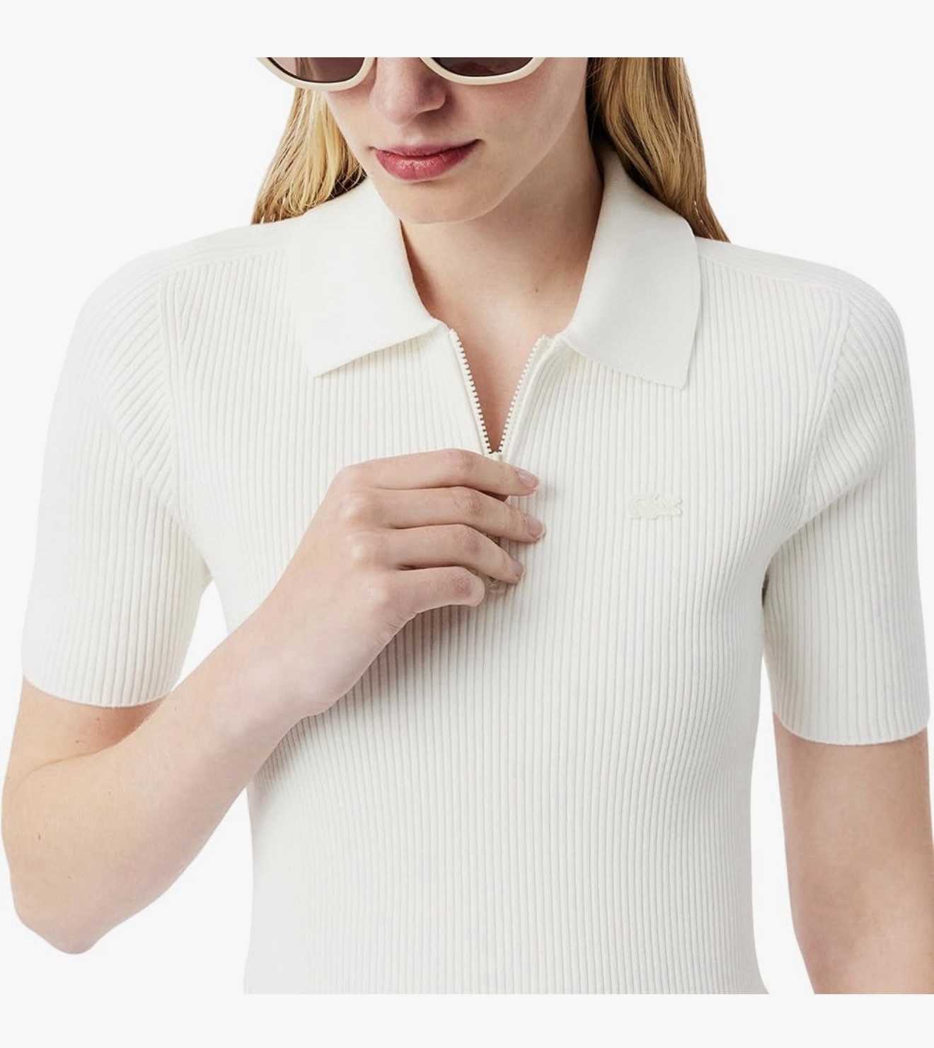 Lacoste White Ribbed Knit Collared Zip Front Pleated Dress Short Sleeve 34-2
