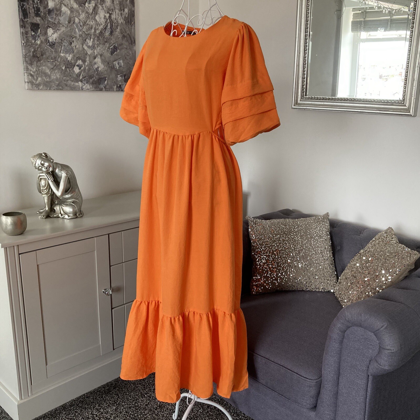 Orange Round Neck Short Puff Sleeves Cut Out Sides Tiered Hem Midi Dress S 8-10