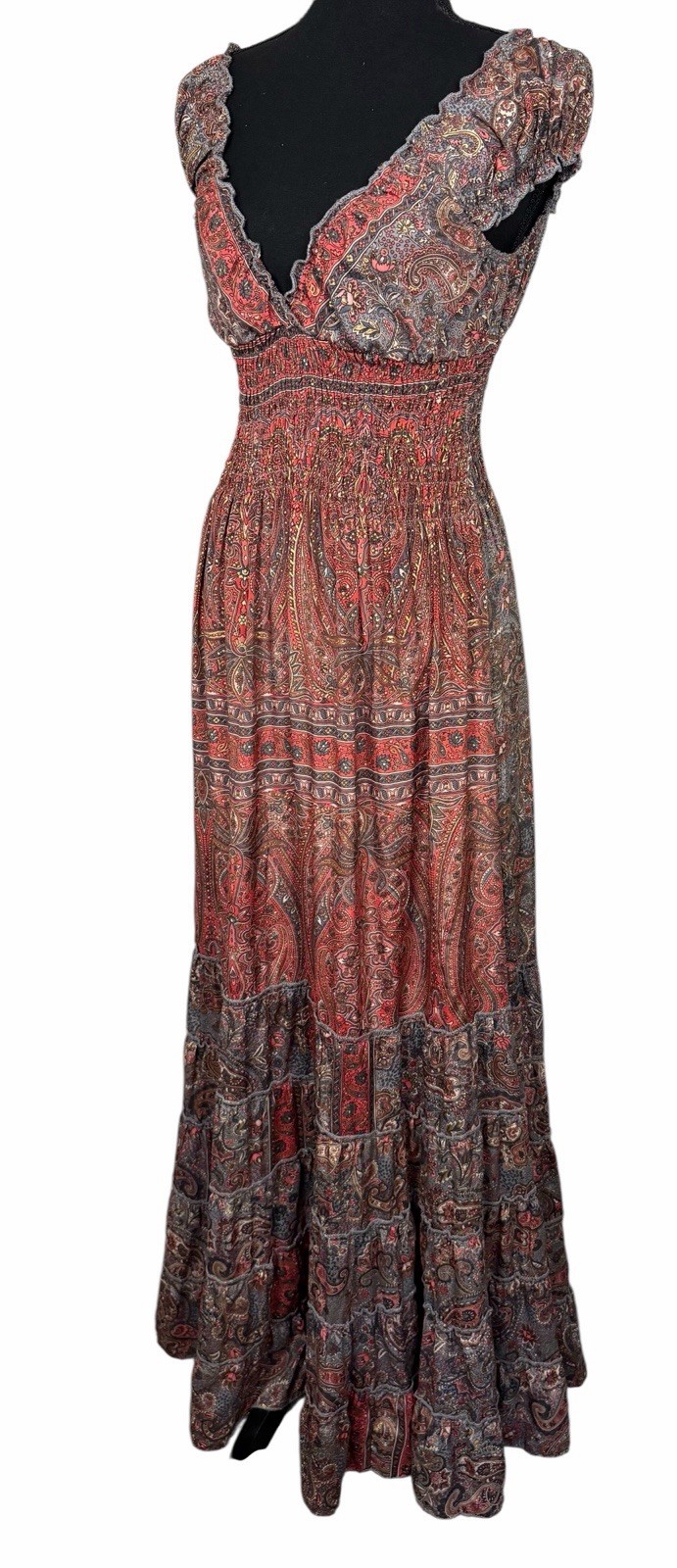 Cienna Womens Smocked Waist Tiered Maxi Dress Medium Silk Blend Flowy Boho