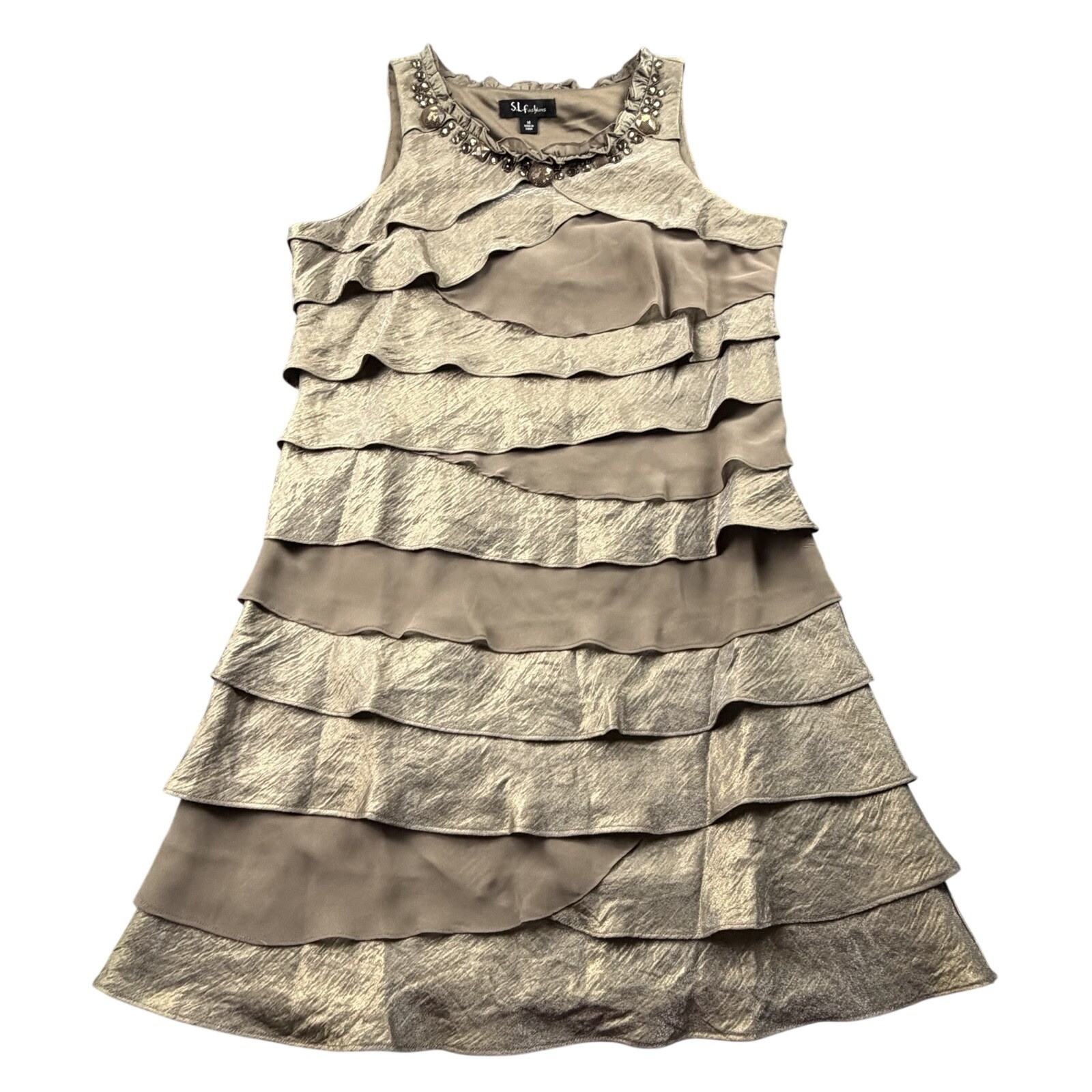 SL Fashions Layered Ruffle Cocktail Dress Size 14 Beaded Taupe Elegant