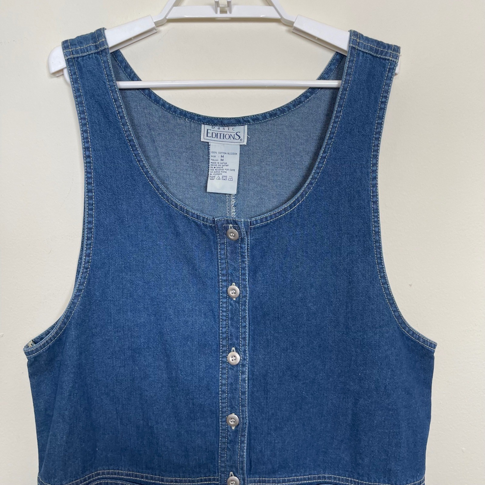 Vintage Basic Edition Denim Pinafore Dress Blue Button Front Patch Pockets M 90s