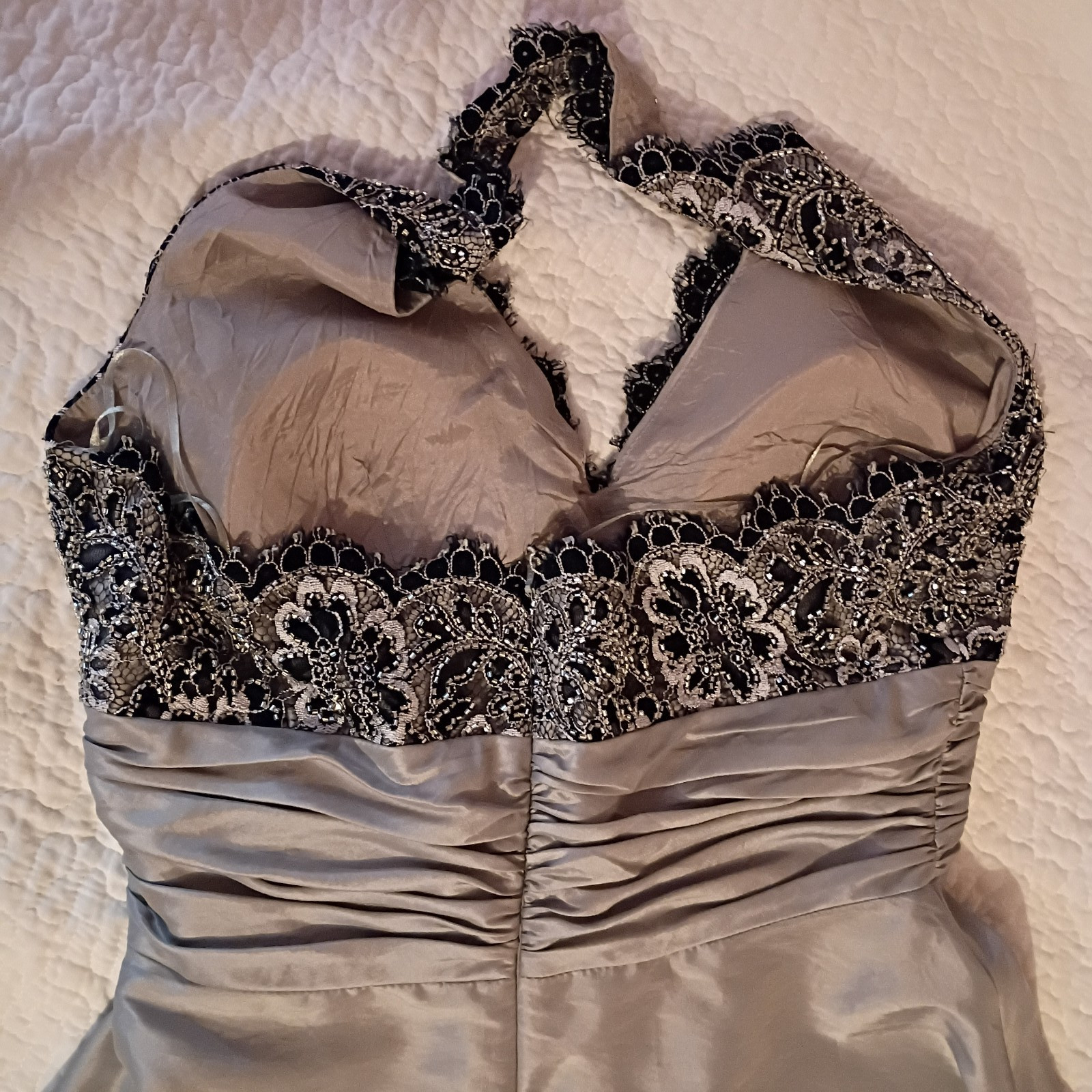 JS Boutique prom dress, silver & black, woman’s 10, halter neck, knee length