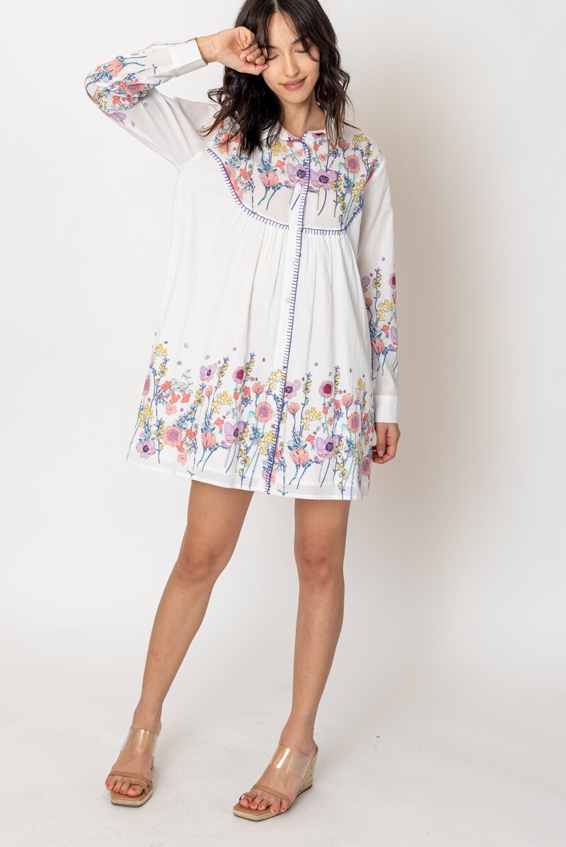 En Creme Women’s Floral Blooms Stitched Detail Long Sleeve Mini Dress