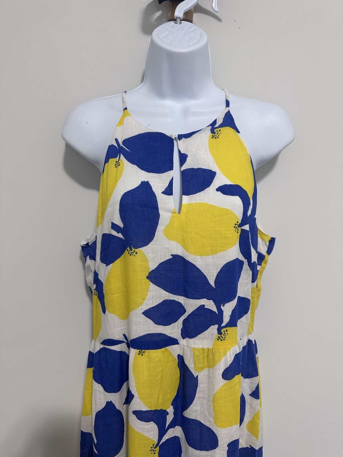 Loft Bright Yellow & Blue Lemon Print Sundress Midi Dress NWT