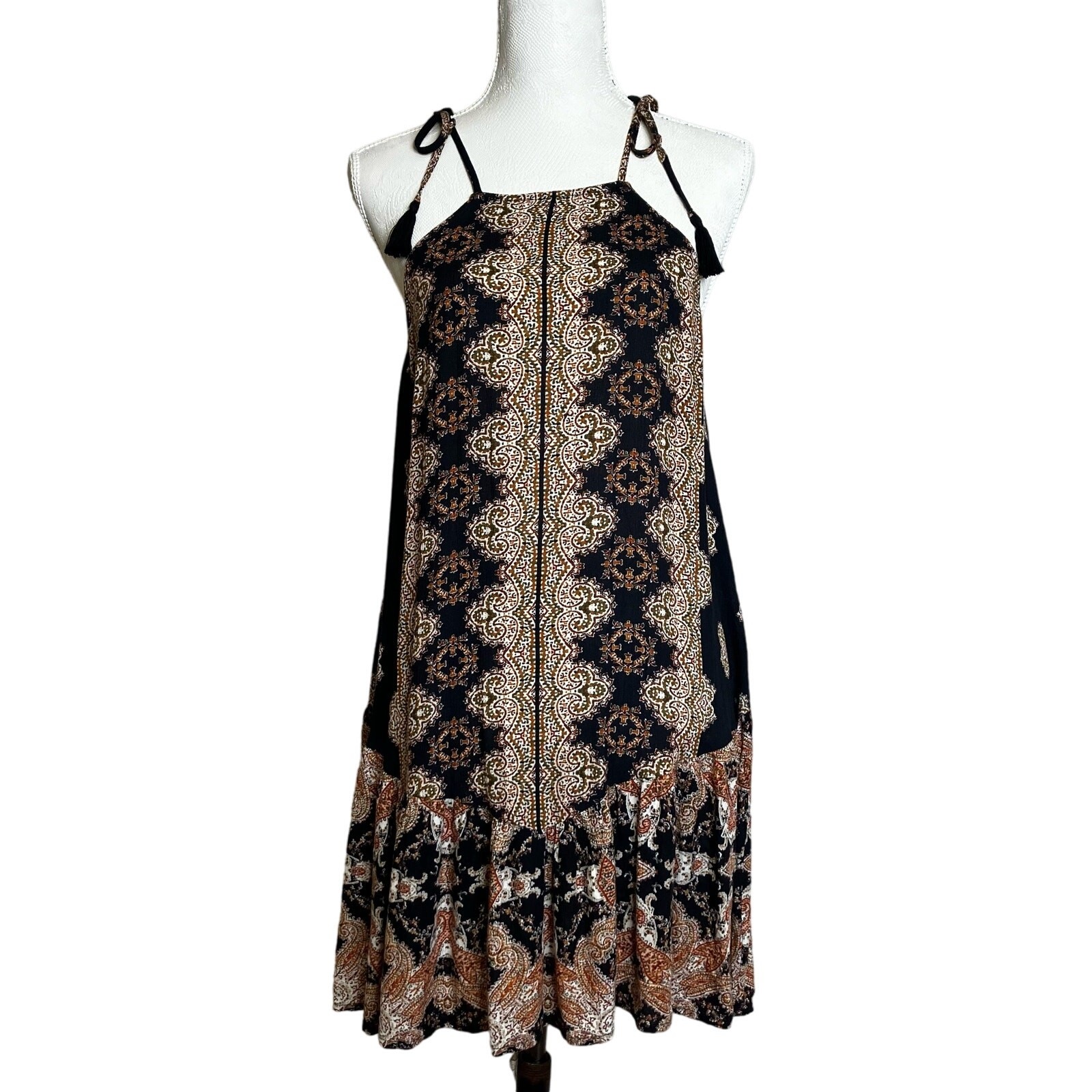 Aeropostale Slip Dress Womens SZ M Black & Brown Bandanna Print Tassel Ties