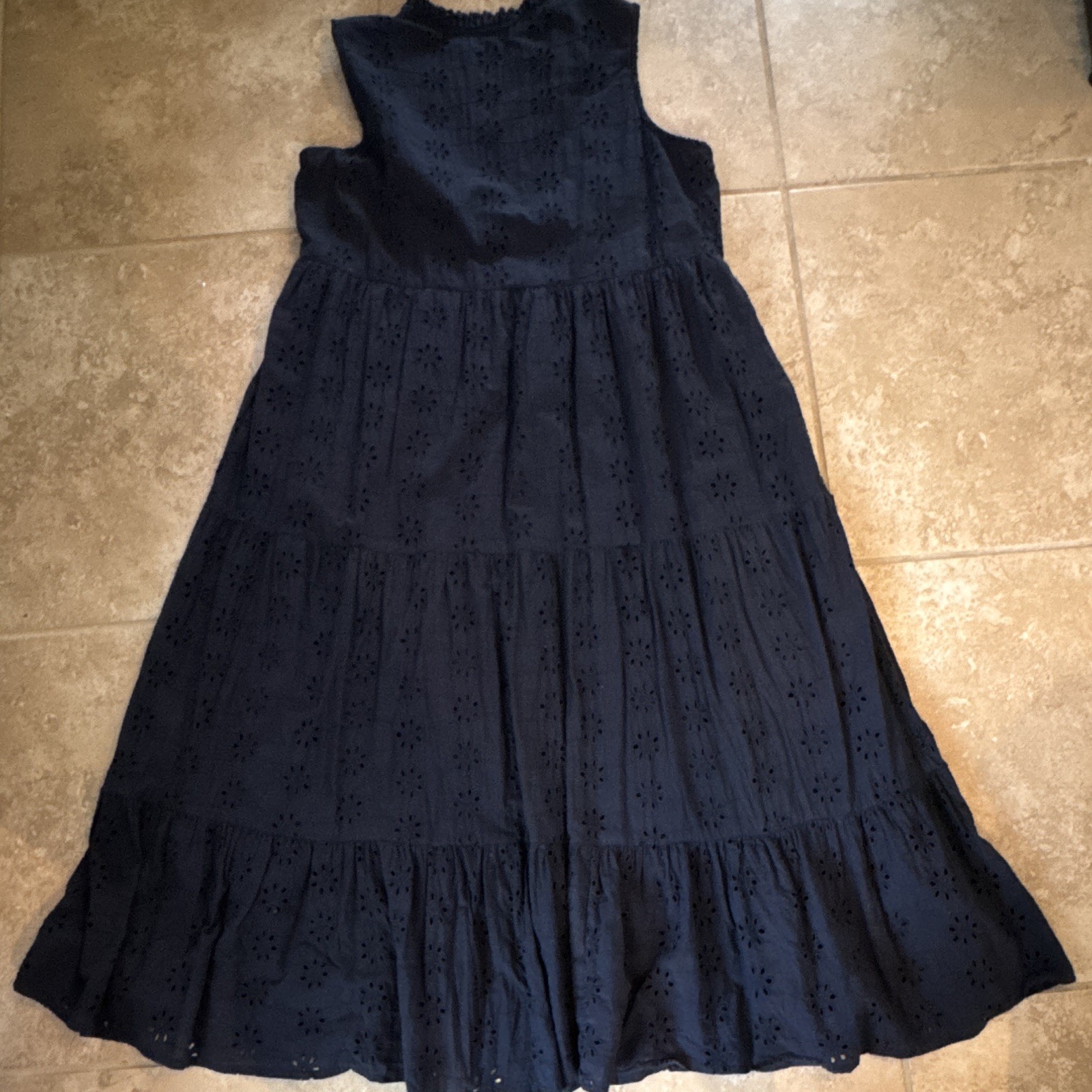 Sweet Magnolia Solid Navy Eyelet A-Line Midi Dress V-Neck Ruffle Lined L