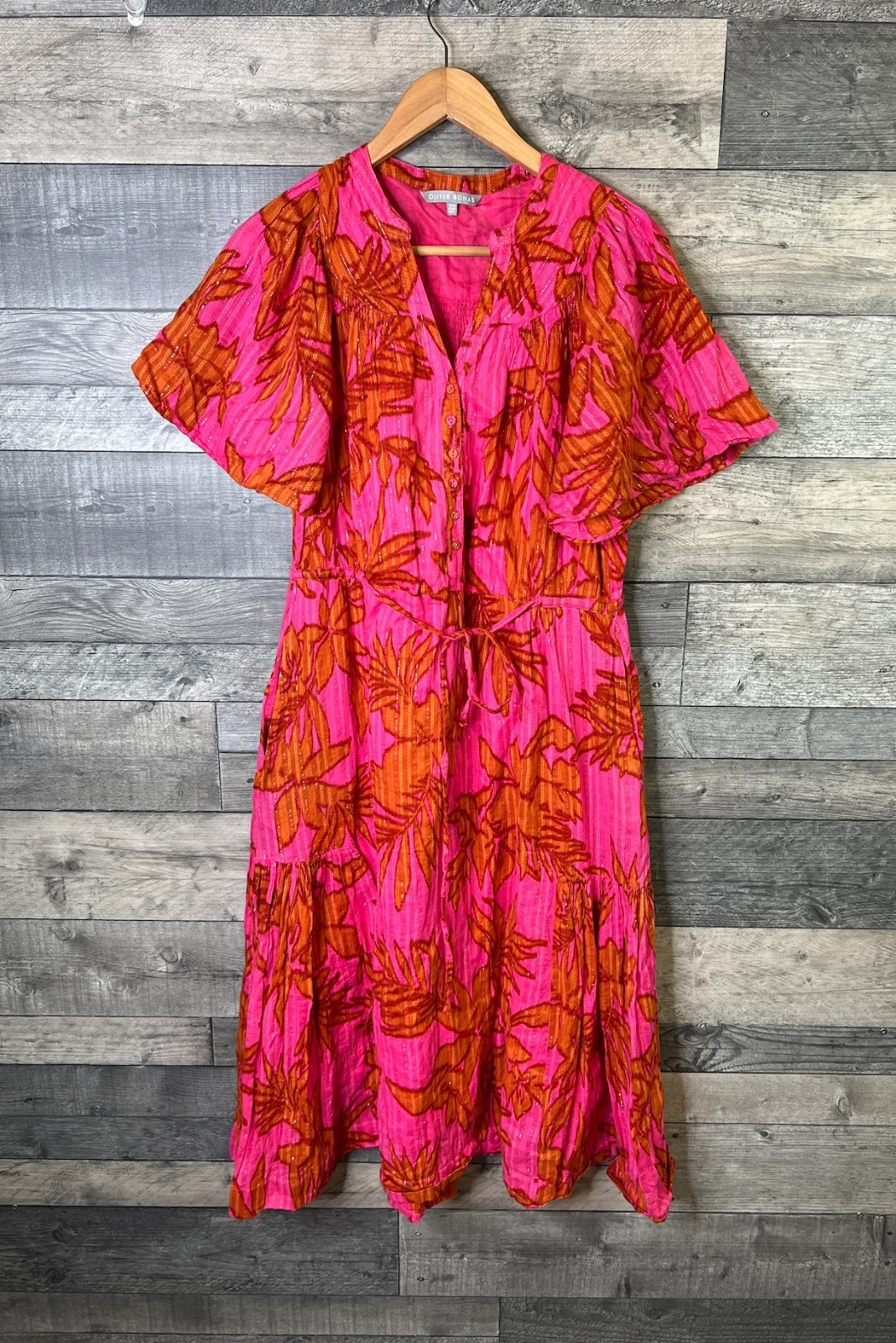 Oliver Bonas Midi Dress Size UK 12 Pink Orange Shadow Floral Pockets Summer