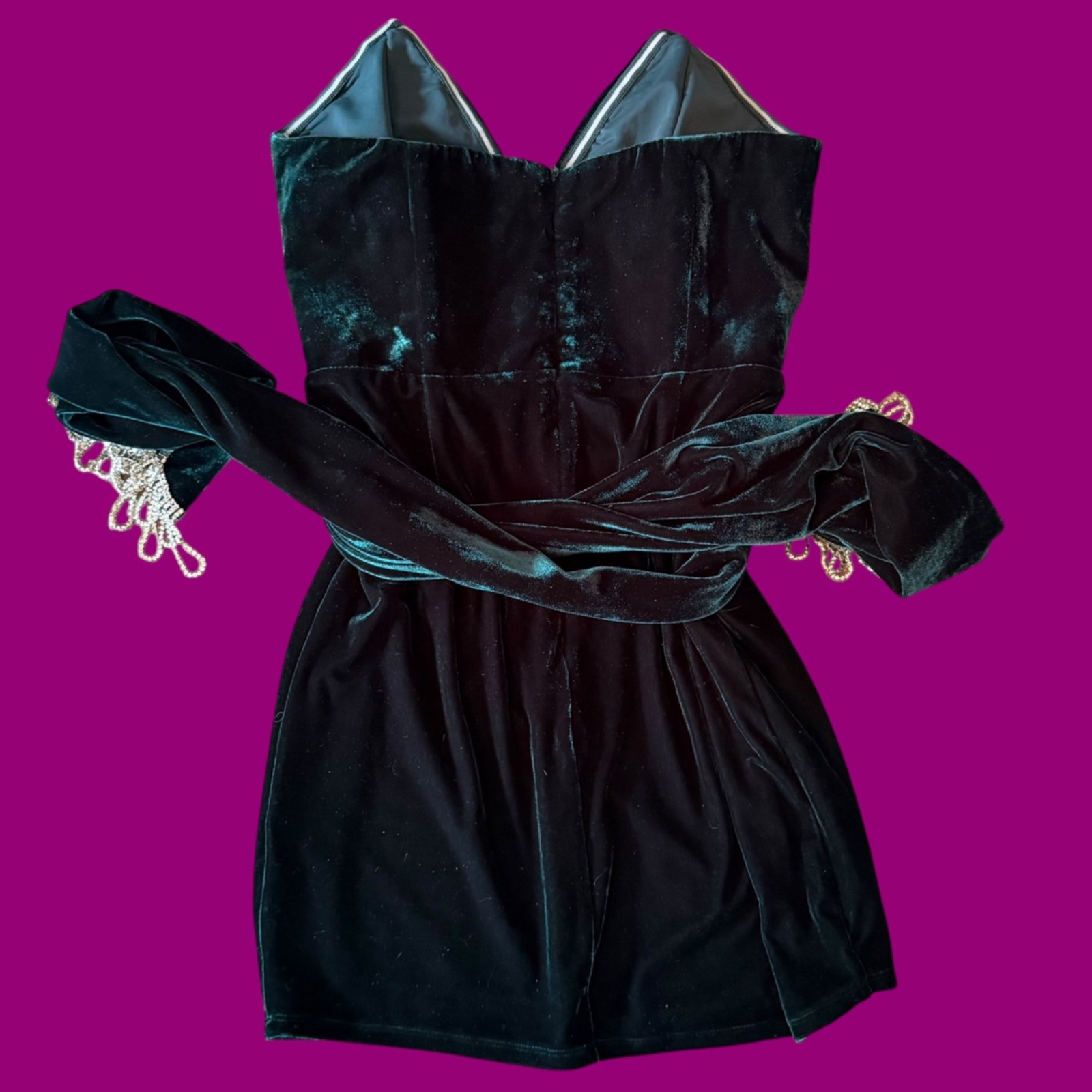 Camilo Coelho Jaylene Velvet Dark Jade Green Boned Bodice Strapless Mini Dress S
