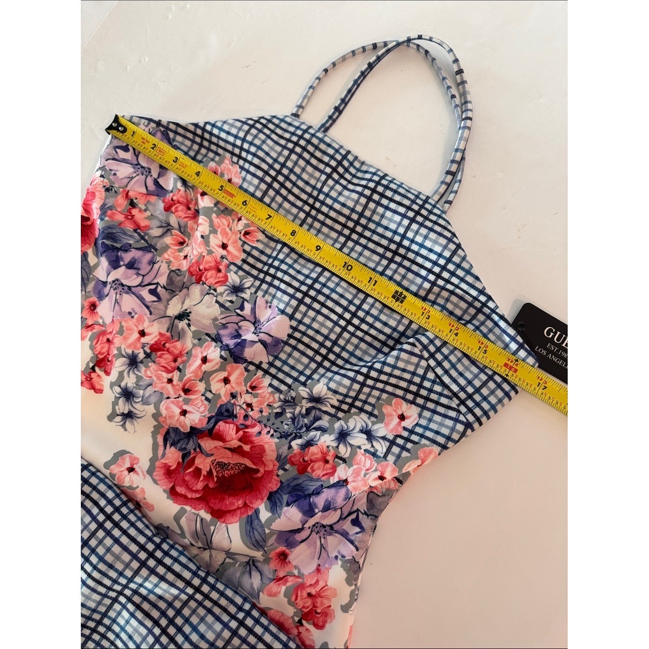 Guess Bodycon Mini Dress Floral & Gingham, Spaghetti Straps- size 10