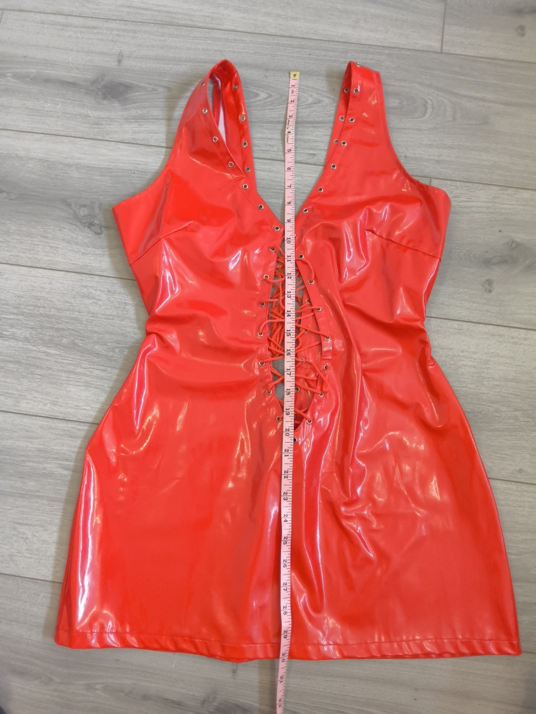 BNWOT Bright Red PVC Plunge Neck Lace Up Front & Back Bodycon Dress Size 10-14