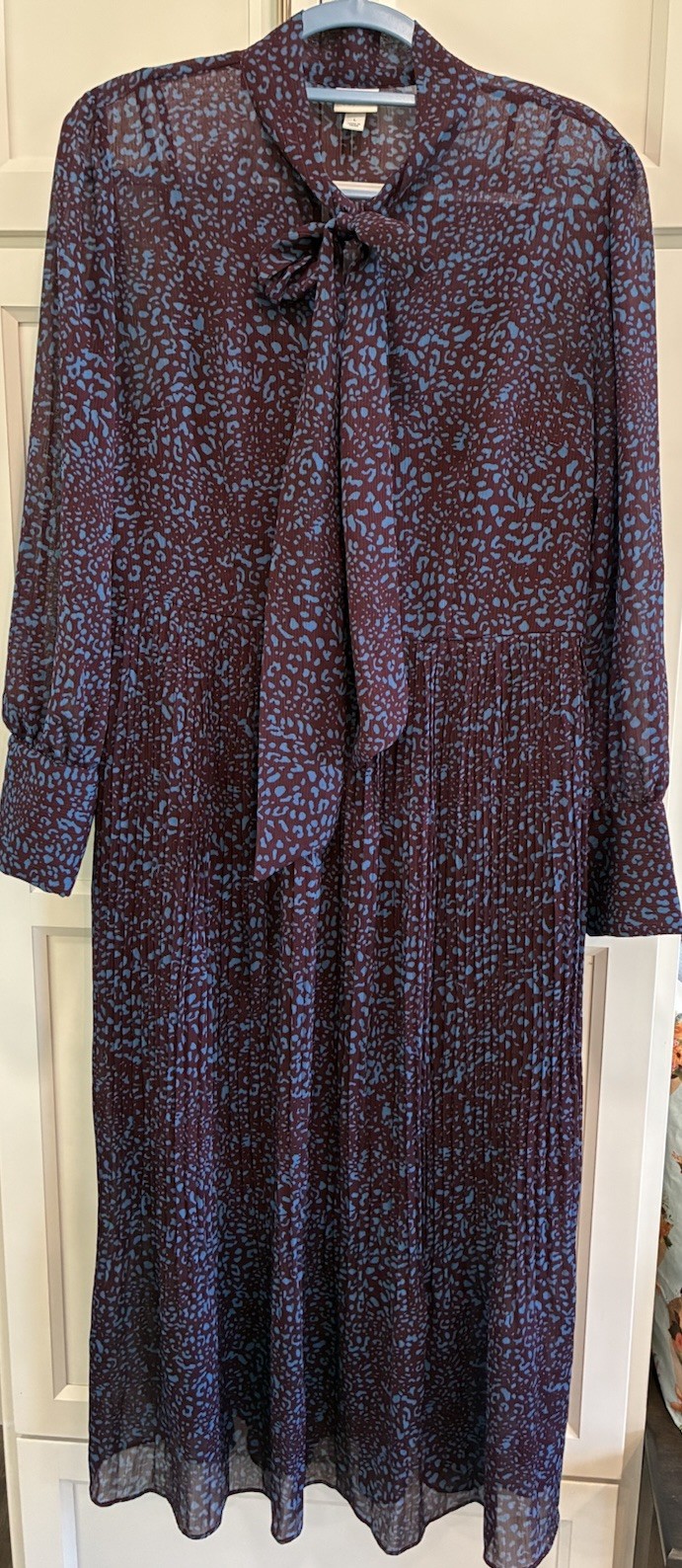 A New Day Dress Burgundy Blue Animal Print Maxi Pleated Dress Sheer LS Size L