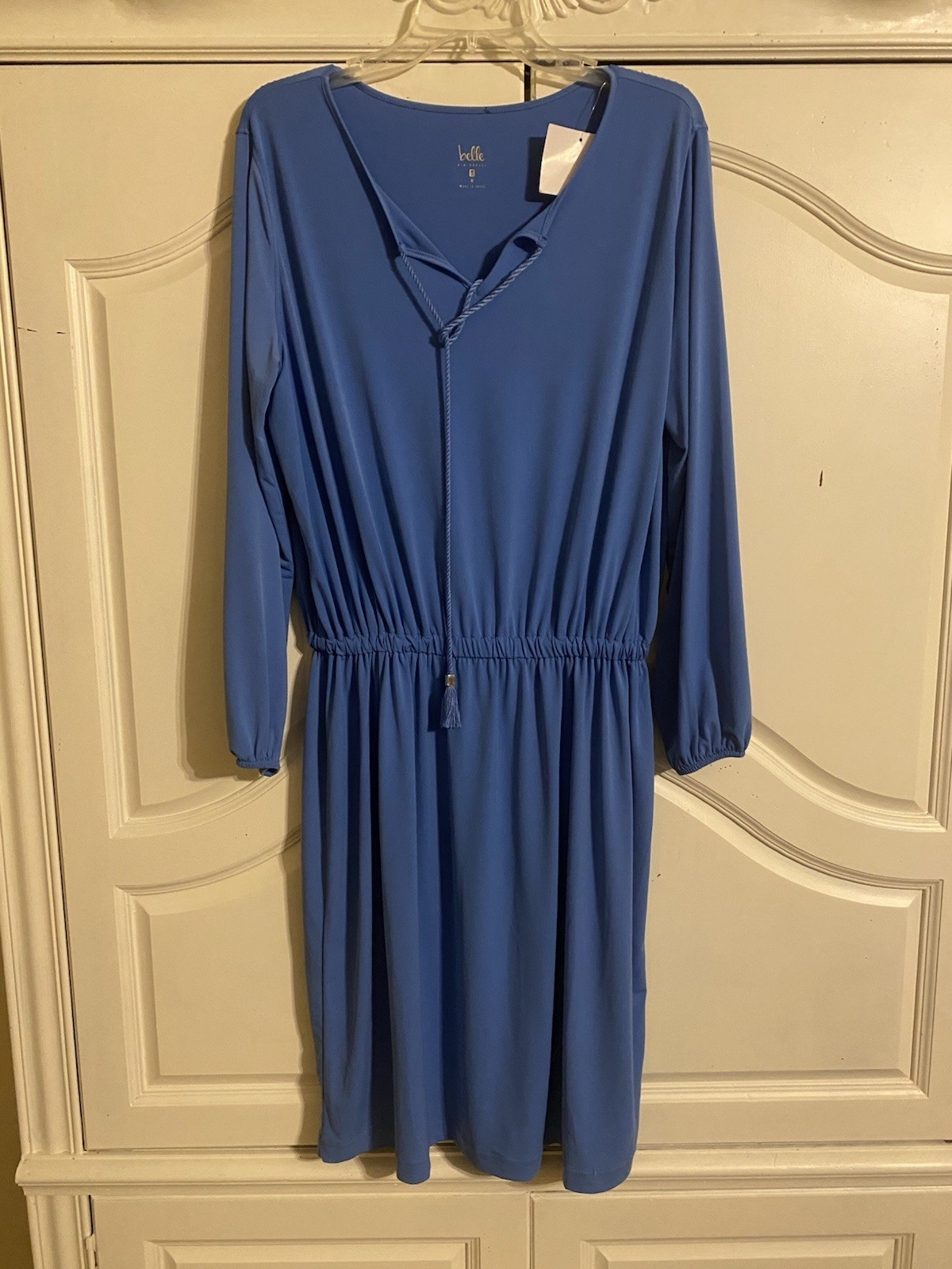 Belle by Kim Gravel M Blue Long Sleeve Knit V-Neck Knee Length Dress Tasseled