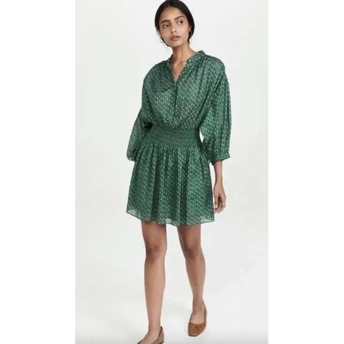 Rebecca Taylor Emerald Green Ikat Cotton Smocked Mini Dress | Size S