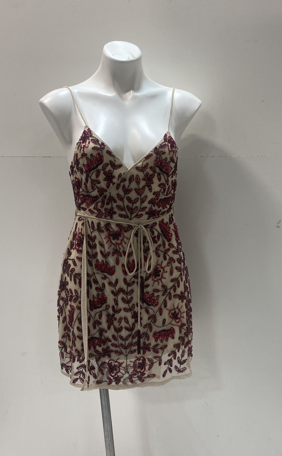 Raga Women’s Cream Fuchsia Beaded Sequin Floral Mesh Mini Dress NWT Size S