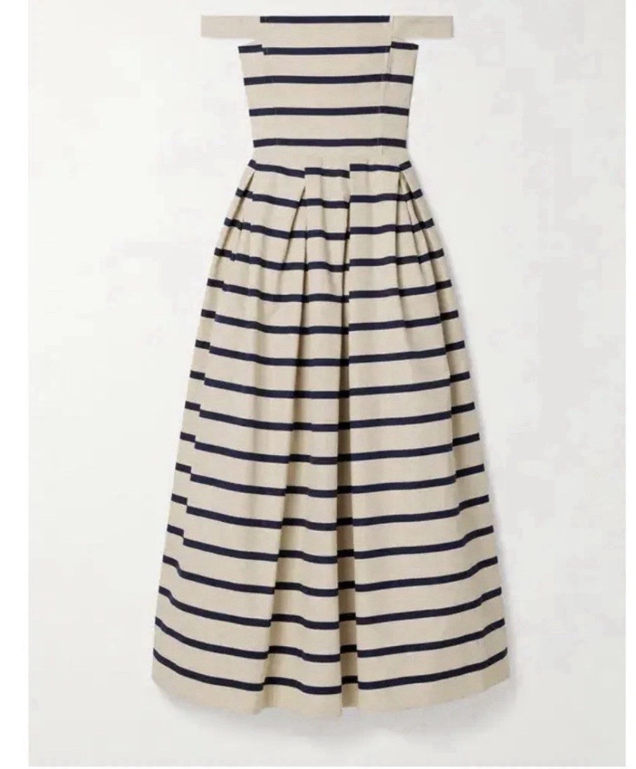 Rosie Assoulin Port City off-the-shoulder pleated striped maxi dress